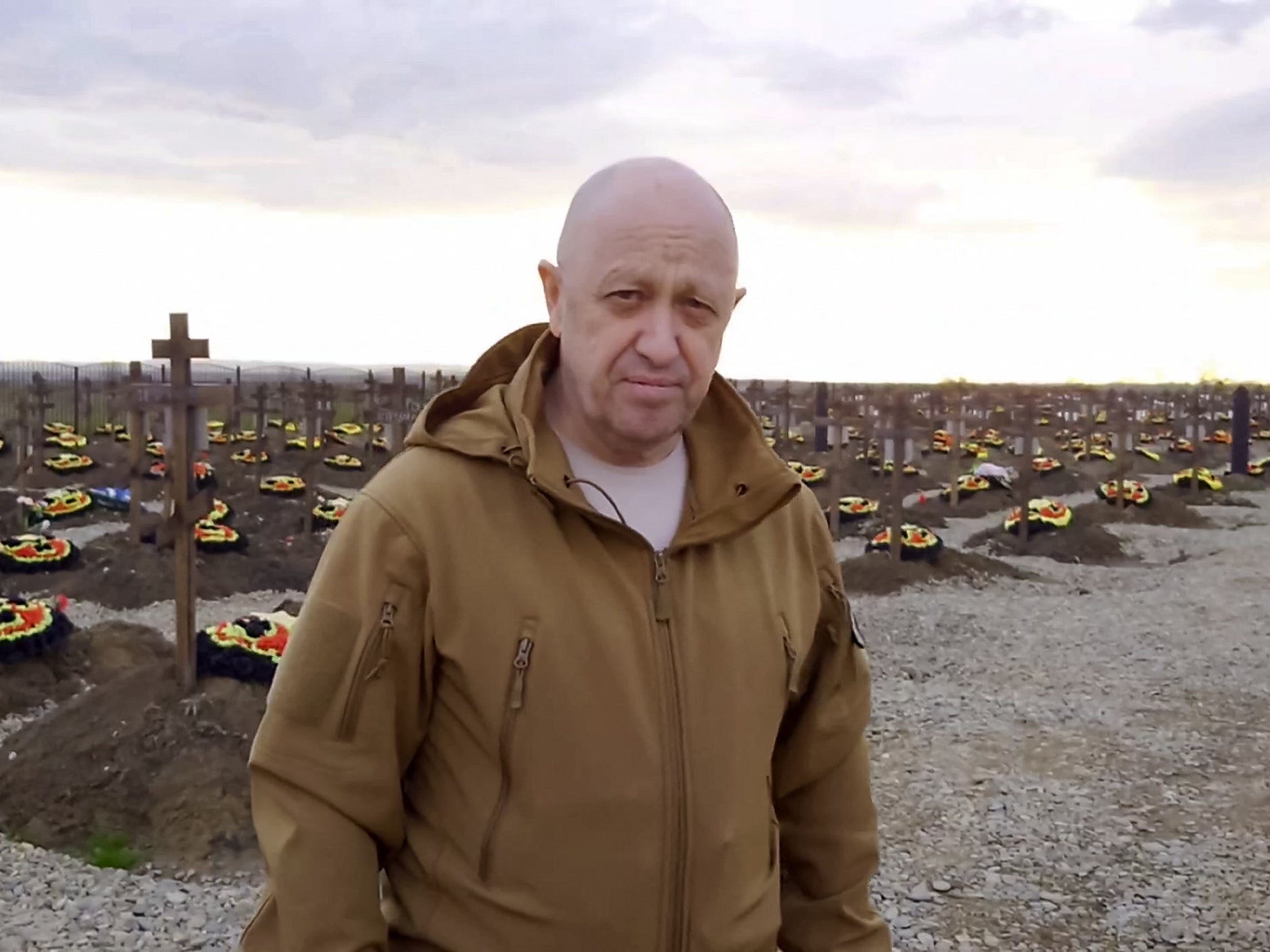 Yevgeny Prigozhin at a cemetary for Wagner mercenaries