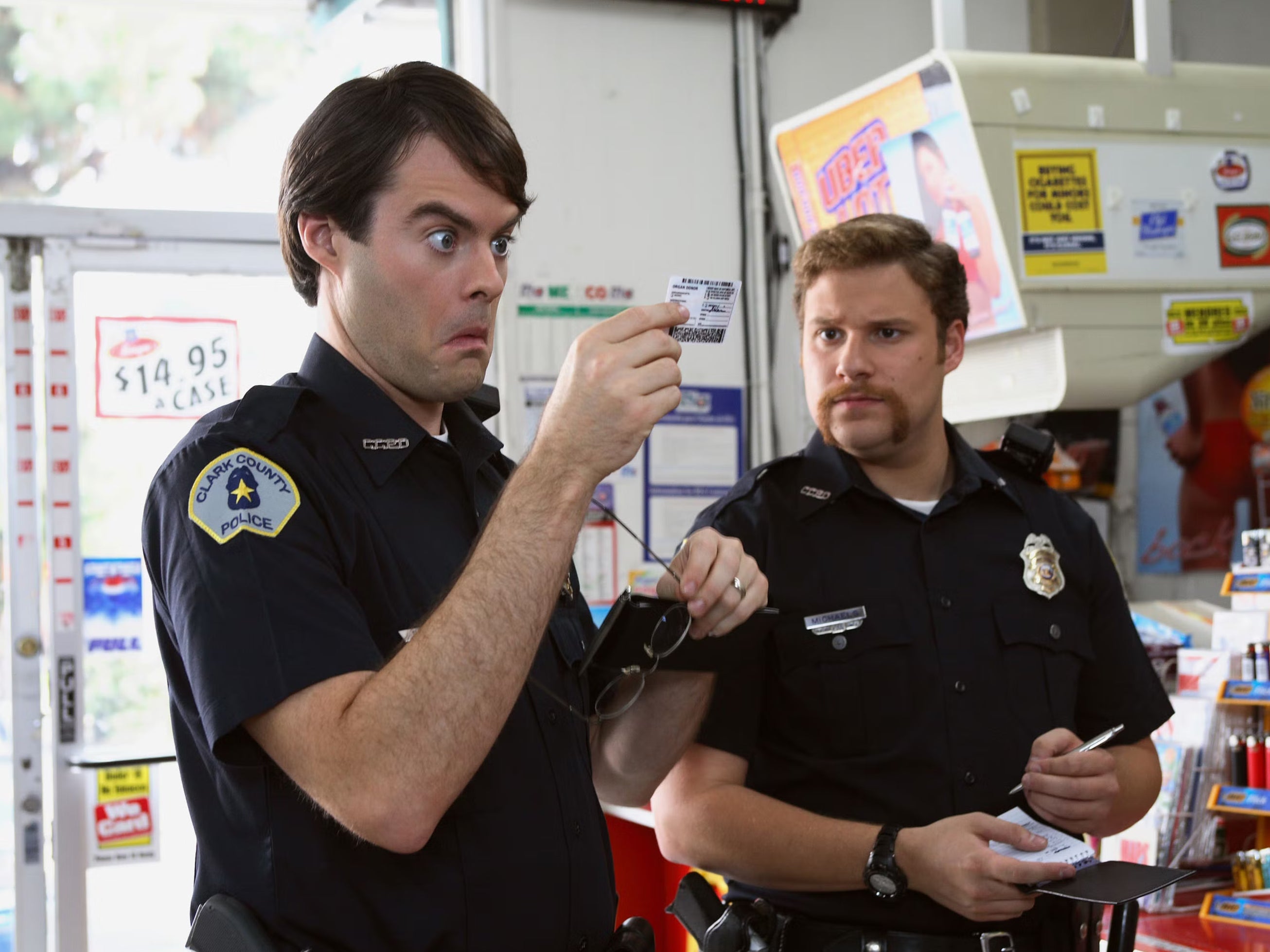 Hader (left) as a cop in the ribald 2007 comedy ‘Superbad’