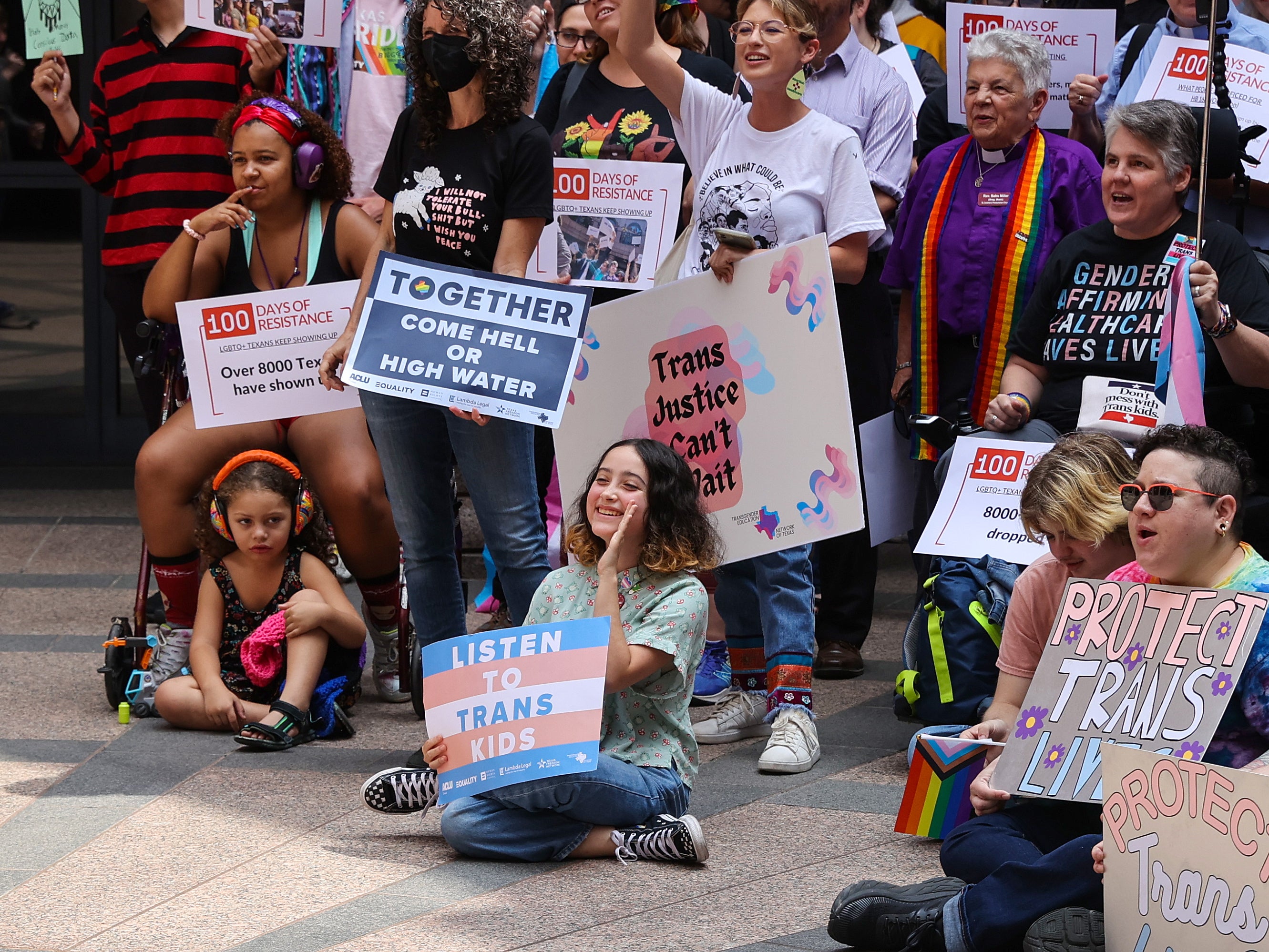 Demonstrators in the Texas capitol protest legislation that would remove certain books from school libraries