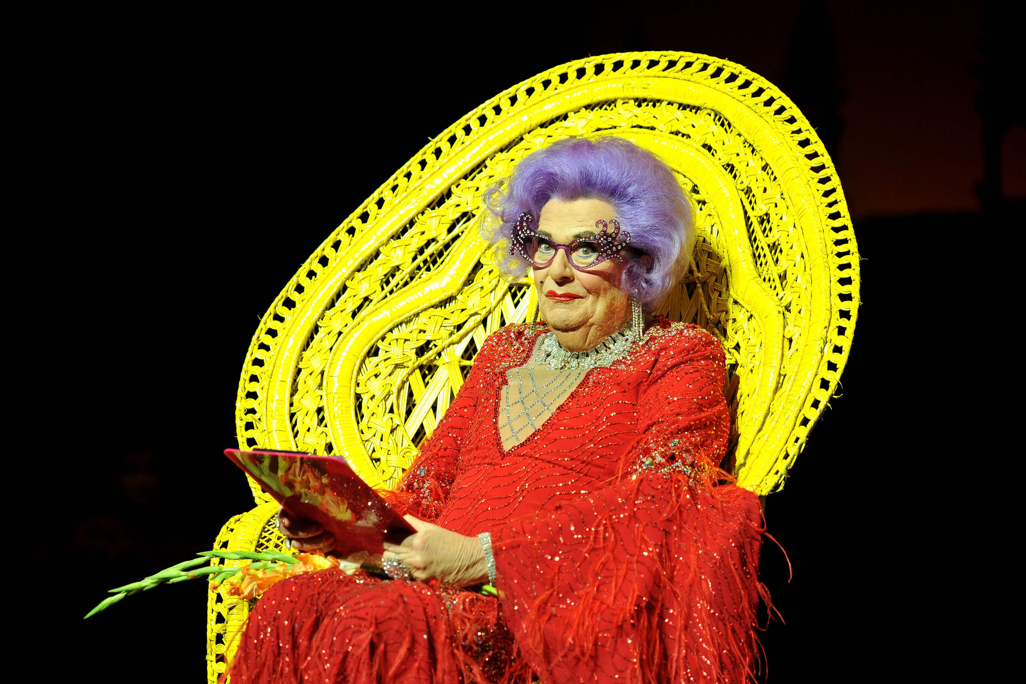 Barry Humphries in character as Dame Edna Everage