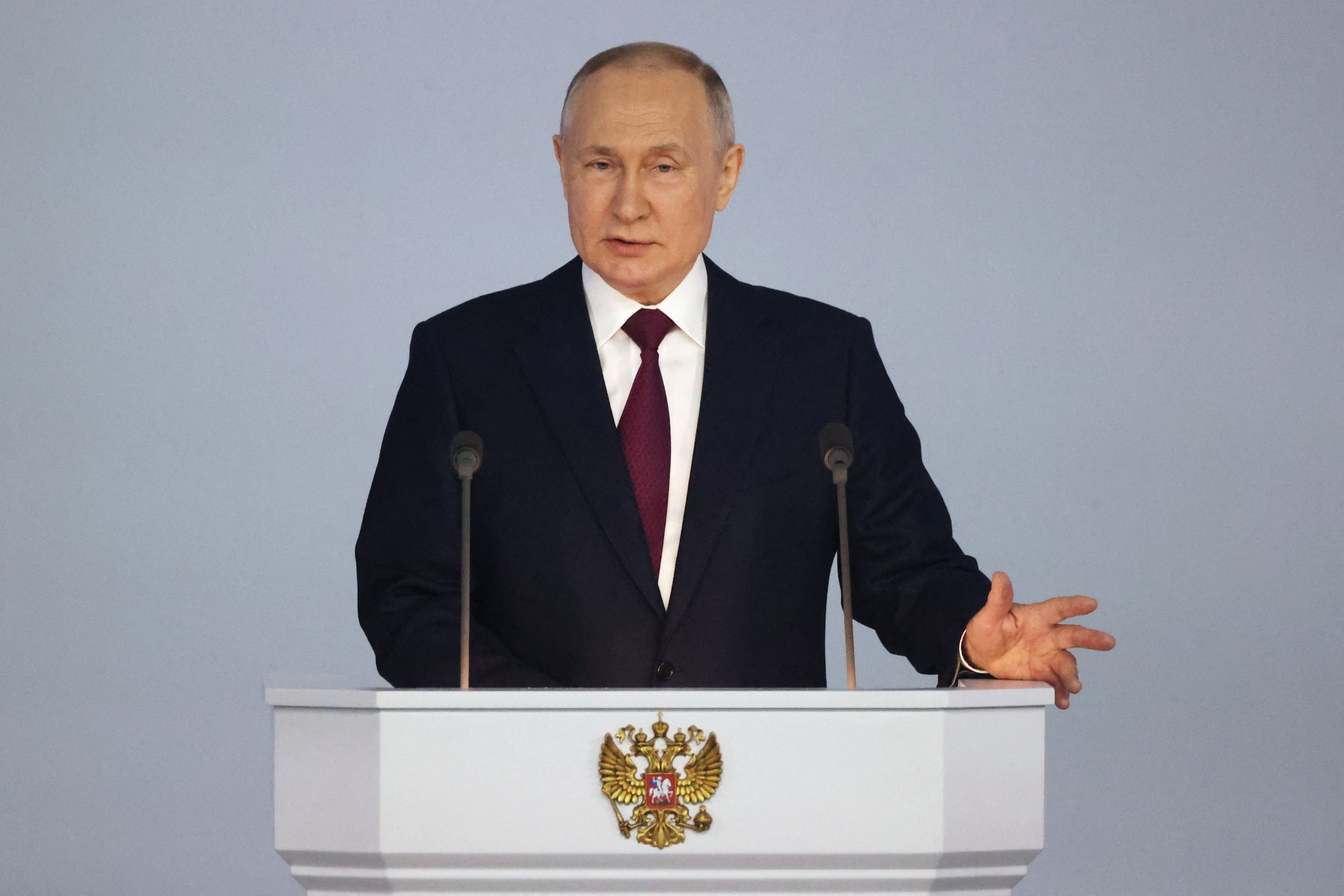 Russian President Vladimir Putin delivers his annual state of the nation address at the Gostiny Dvor conference centre in central Moscow on February 21, 2023