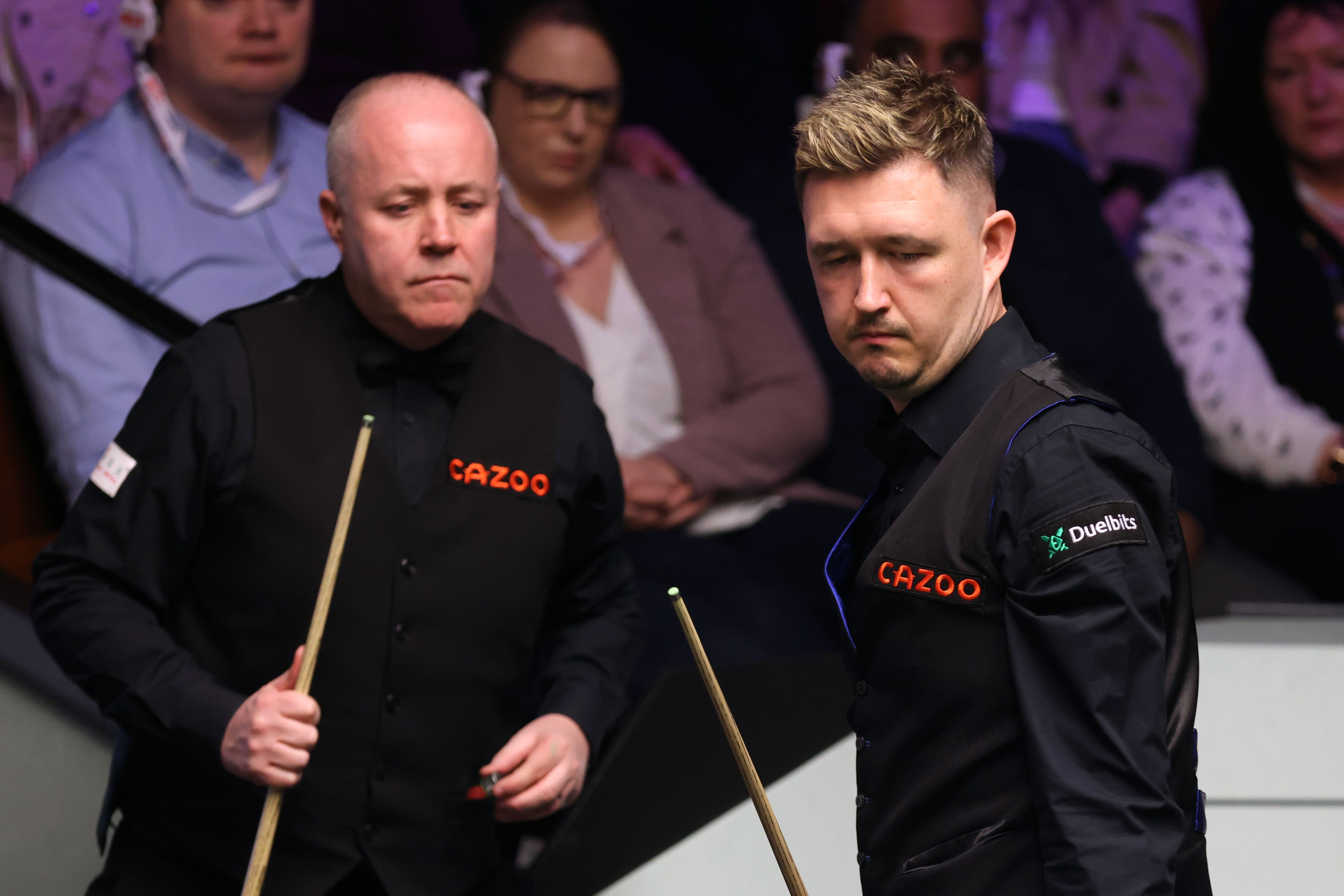 John Higgins, left, was in sensational form against Kyren Wilson (Nigel French/PA)