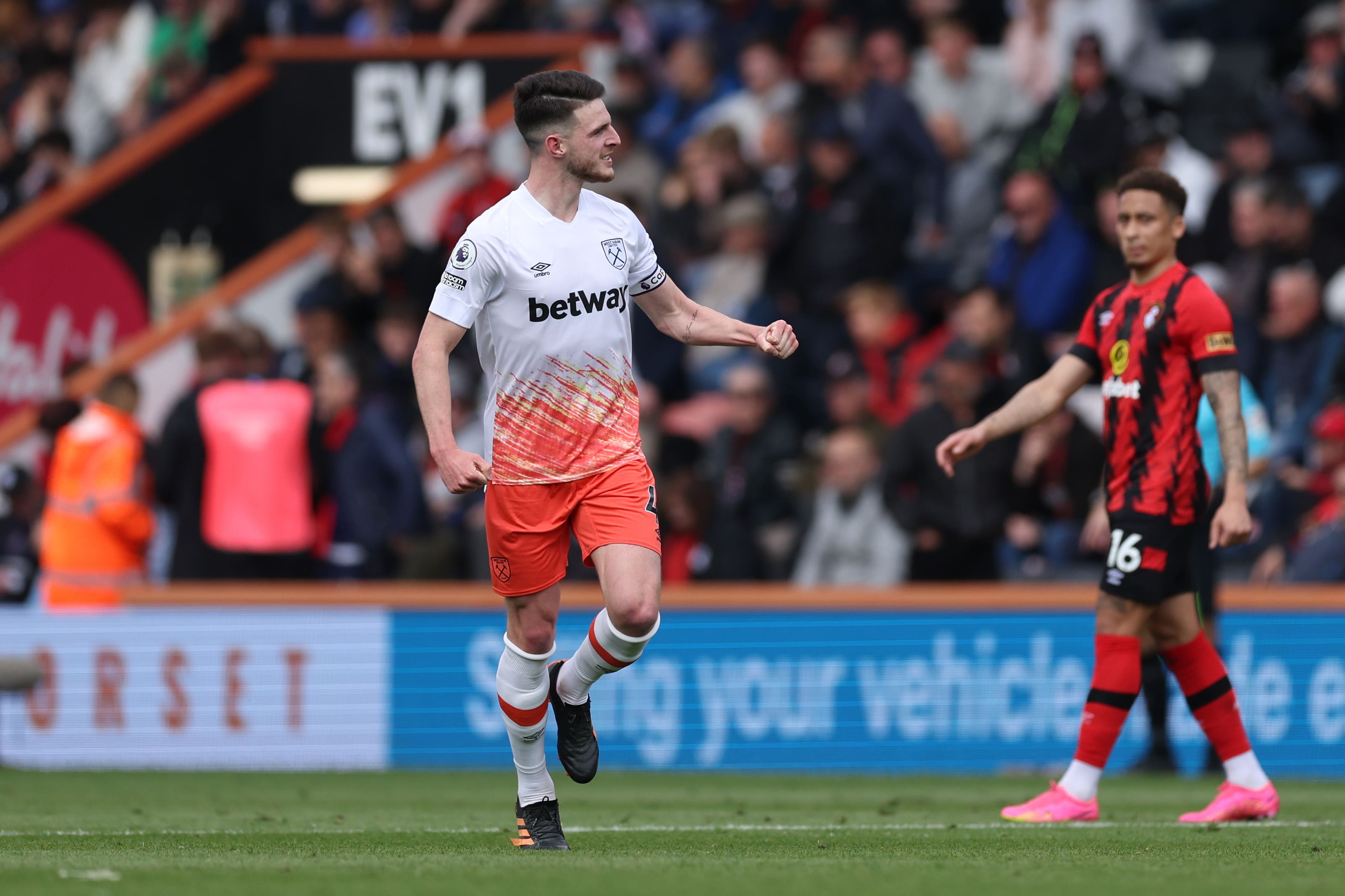 Declan Rice celebrates scoring in West Ham’s win at Bournemouth (Steven Paston/PA)