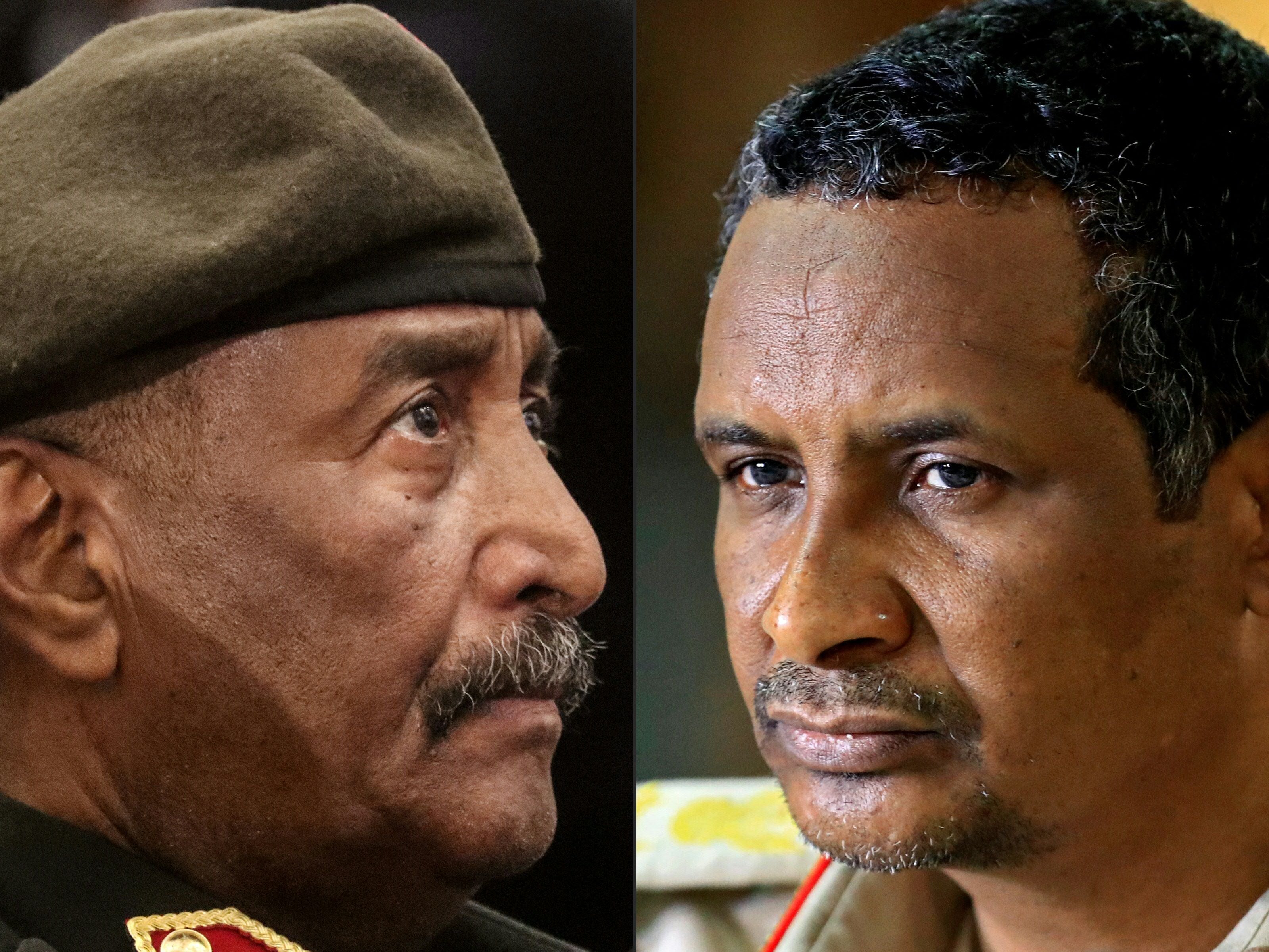 Deadly battles broke out between supporters of rival generals Abdel Fattah al-Burhan (L), Sudan’s army chief, and RSF commander, General Mohamed Hamdan Daglo