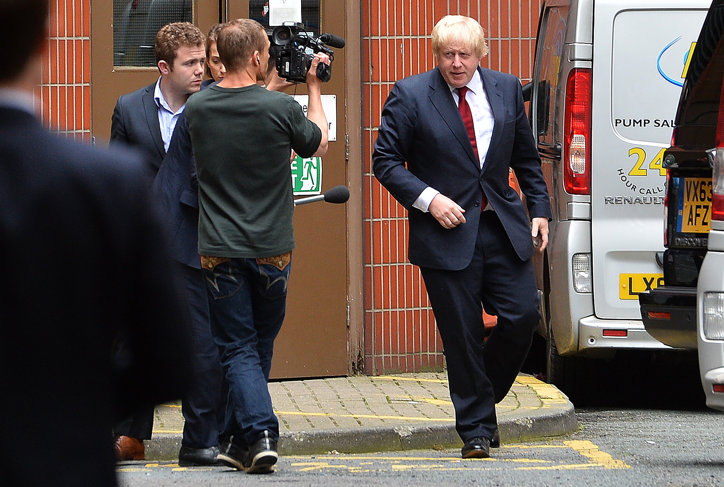 Johnson arrives at Westminster Tower, Vote Leave HQ, for a press conference hours after victory