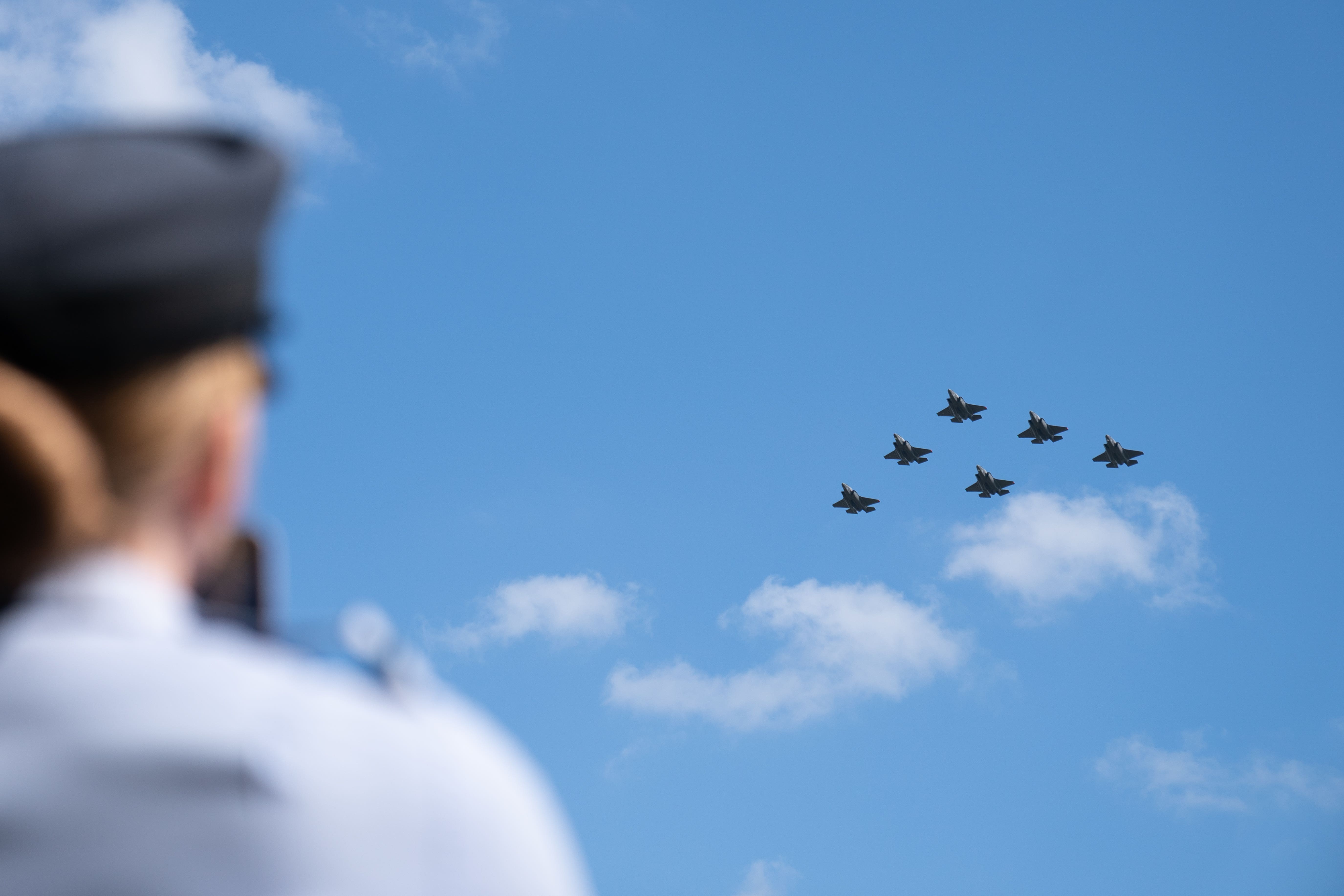 F35-B Lightning II jets take part in a rehearsal for the official coronation flypast, at RAF College Cranwell, Sleaford, Lincolnshire (Joe Giddens/PA)