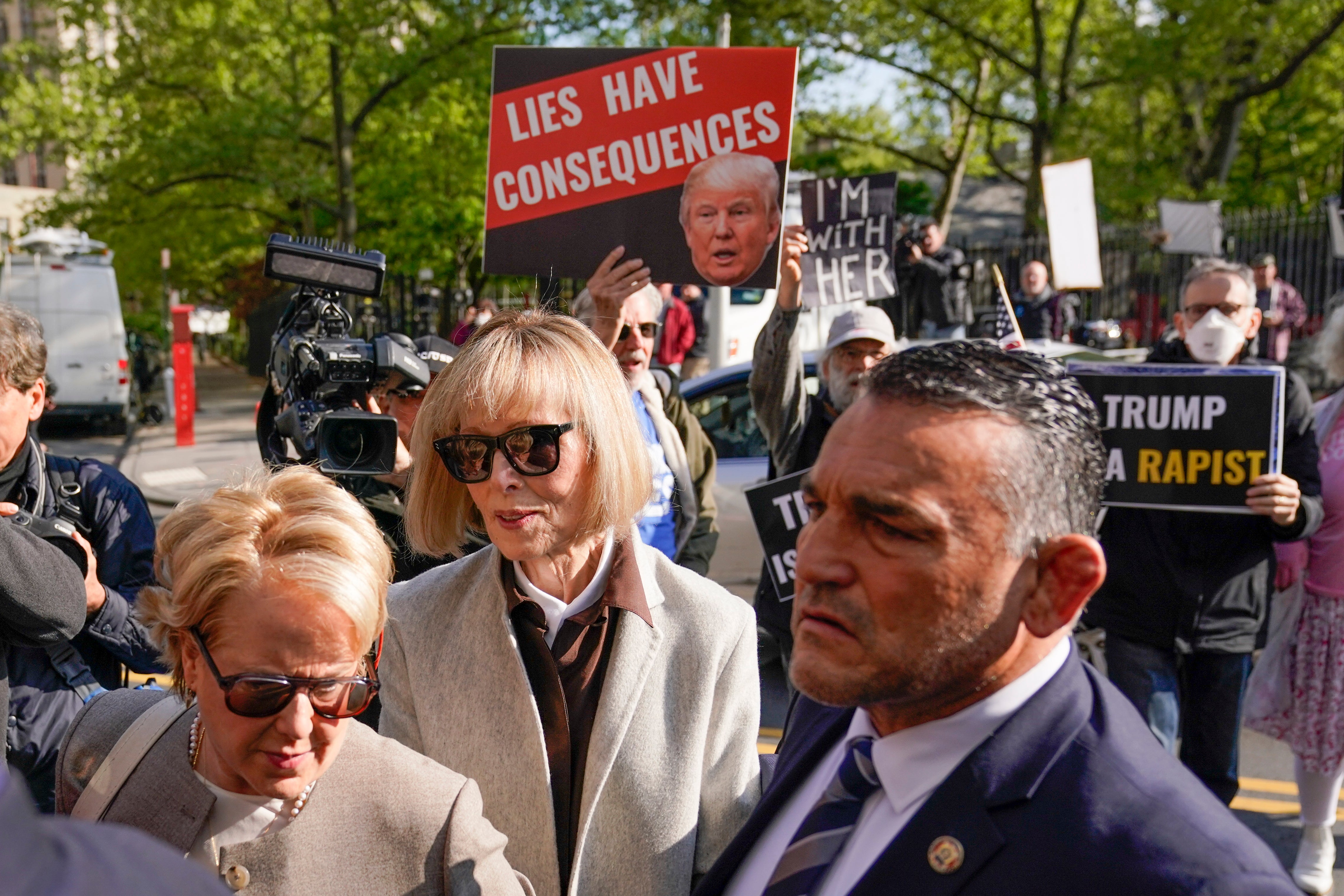 Former advice columnist E. Jean Carroll walks into Manhattan federal court on Tuesday, April 25, 2023, in New York