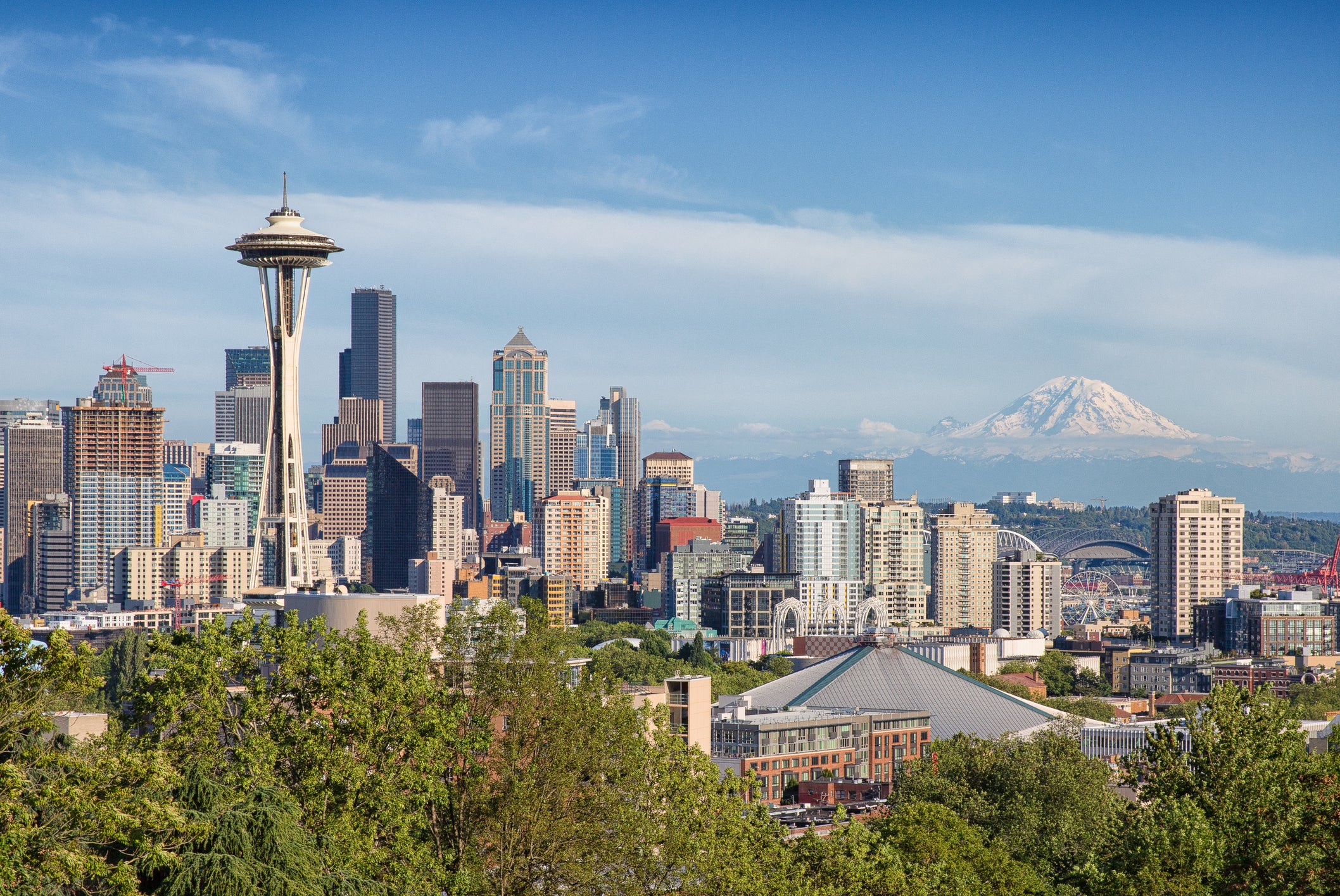 The iconic Space Needle tower dominates Seattle’s skyline