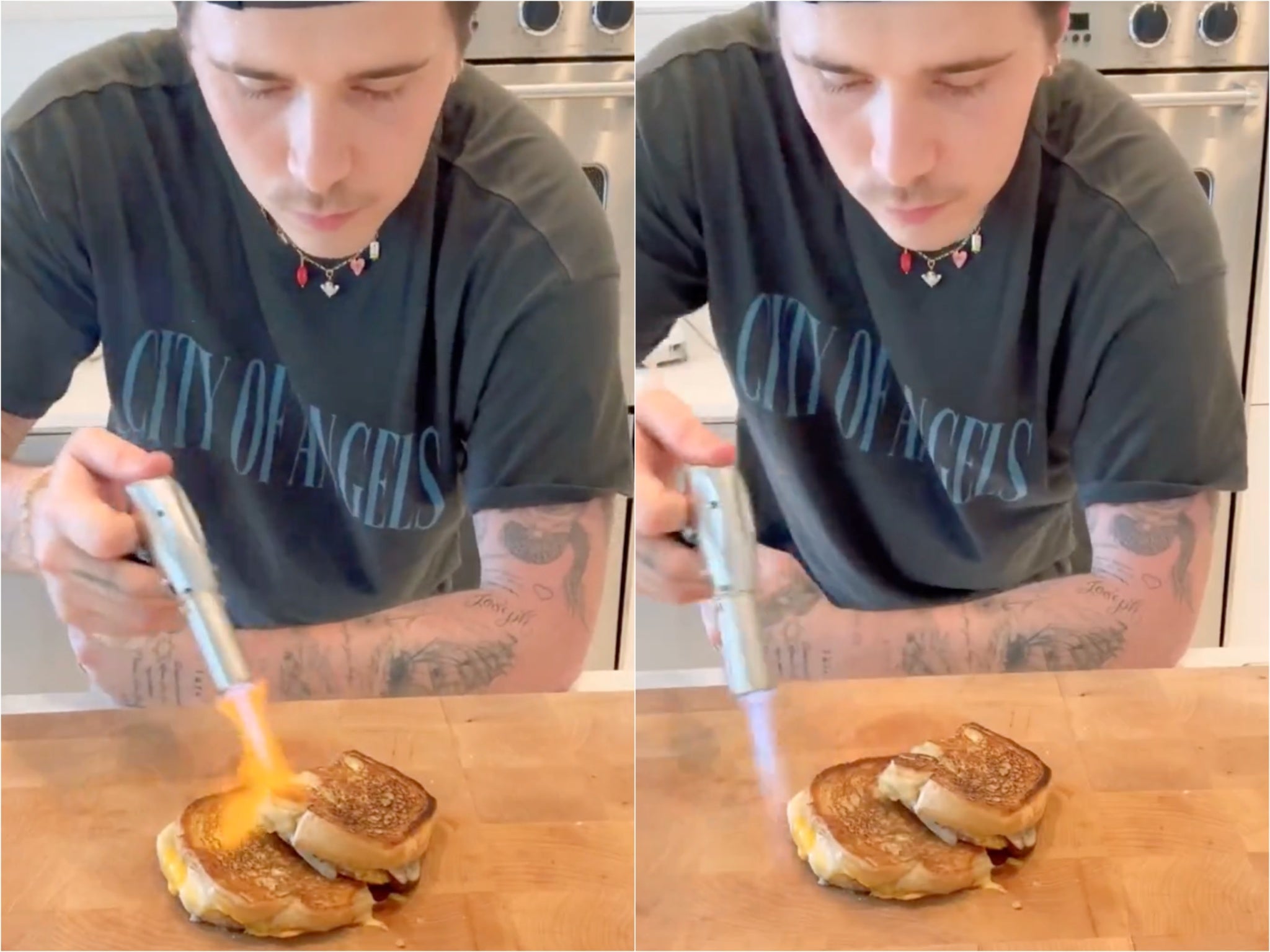 Brooklyn Beckham blow-torches a cheese toastie for no apparent reason