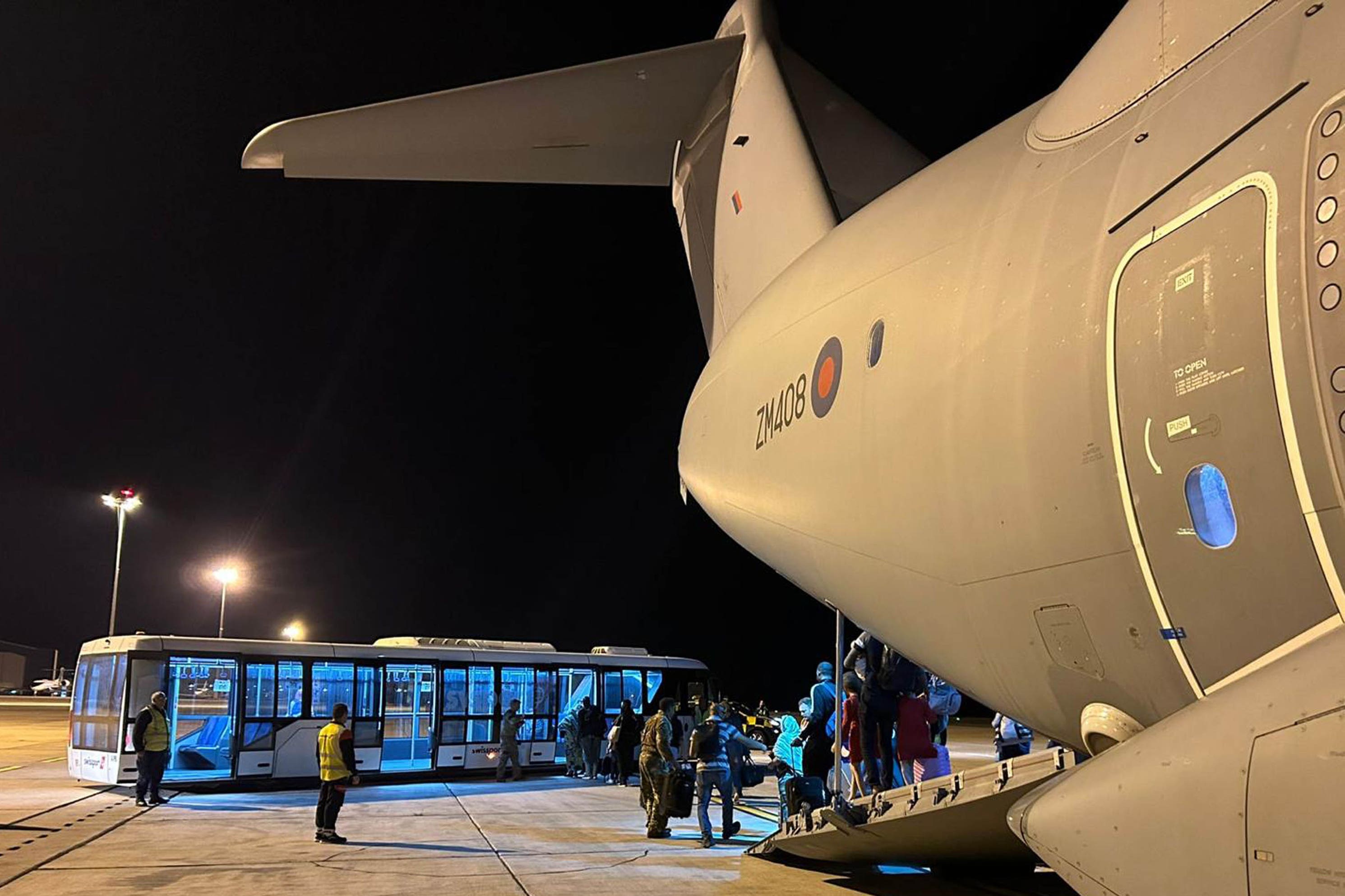 UK nationals disembarking from an A400M transport plane at Larnaca International Airport in Cyprus (MoD/PA)