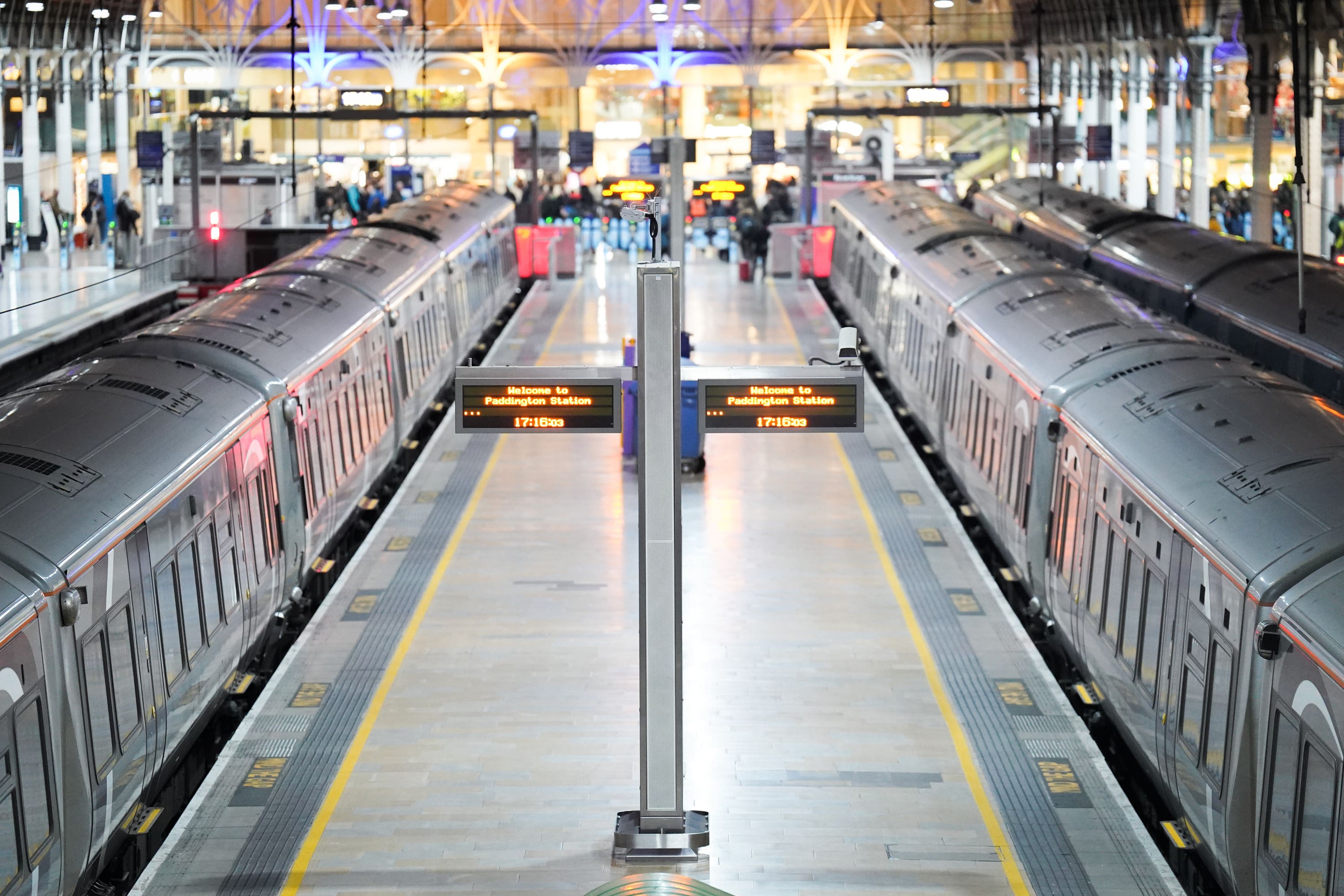 Empty platforms in Paddington station in London, during a strike by train driver members of Aslef and the Rail, Maritime and Transport union (RMT) in a long-running dispute (James Manning/PA)