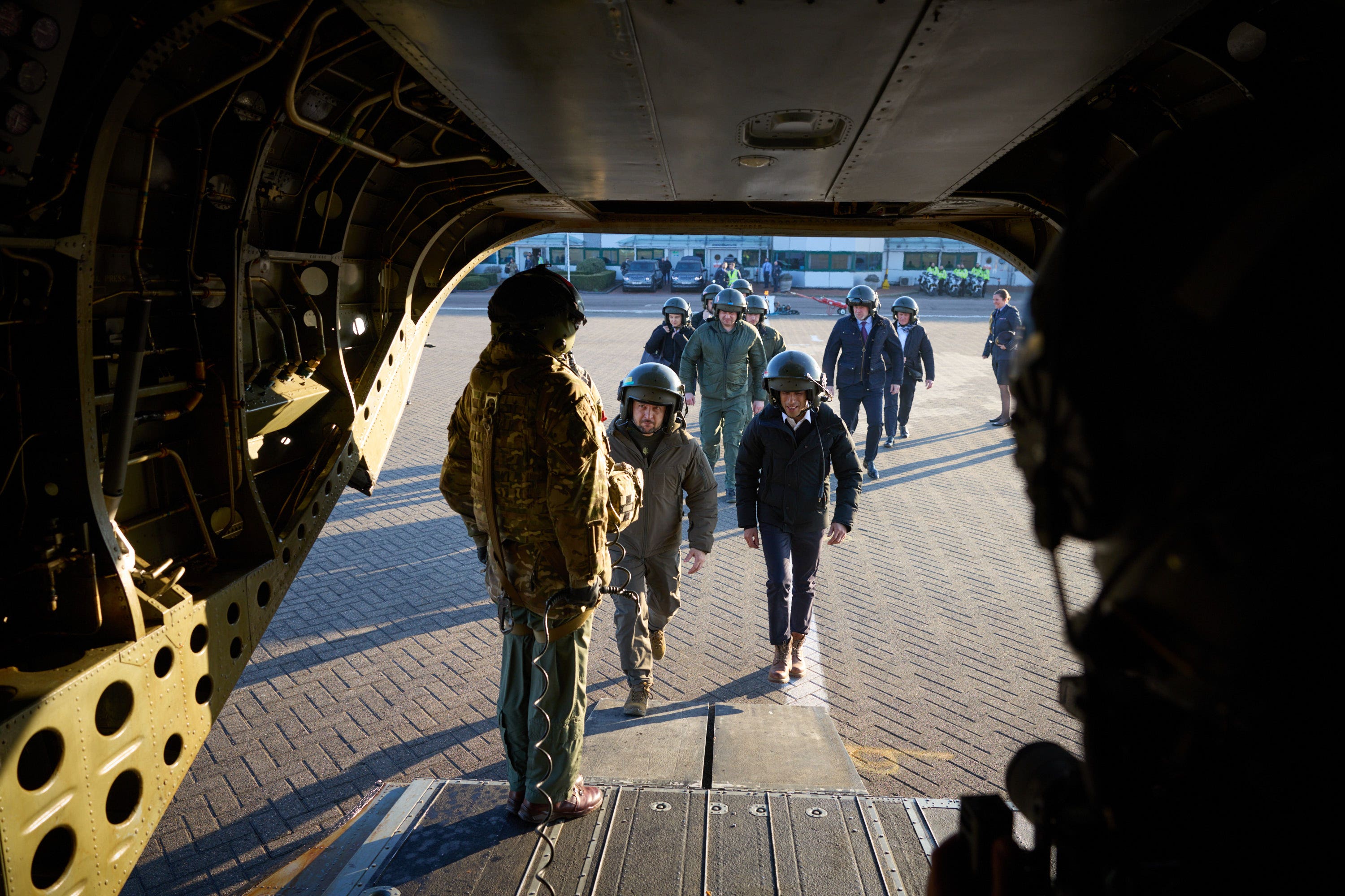 Prime Minister Rishi Sunak and Ukrainian President Volodymyr Zelensky leaving London, en-route to visit Ukrainian troops being trained to command Challenger 2 tanks at a military facility in Lulworth, Dorset (Ukrainian Presidential Press Service/PA)