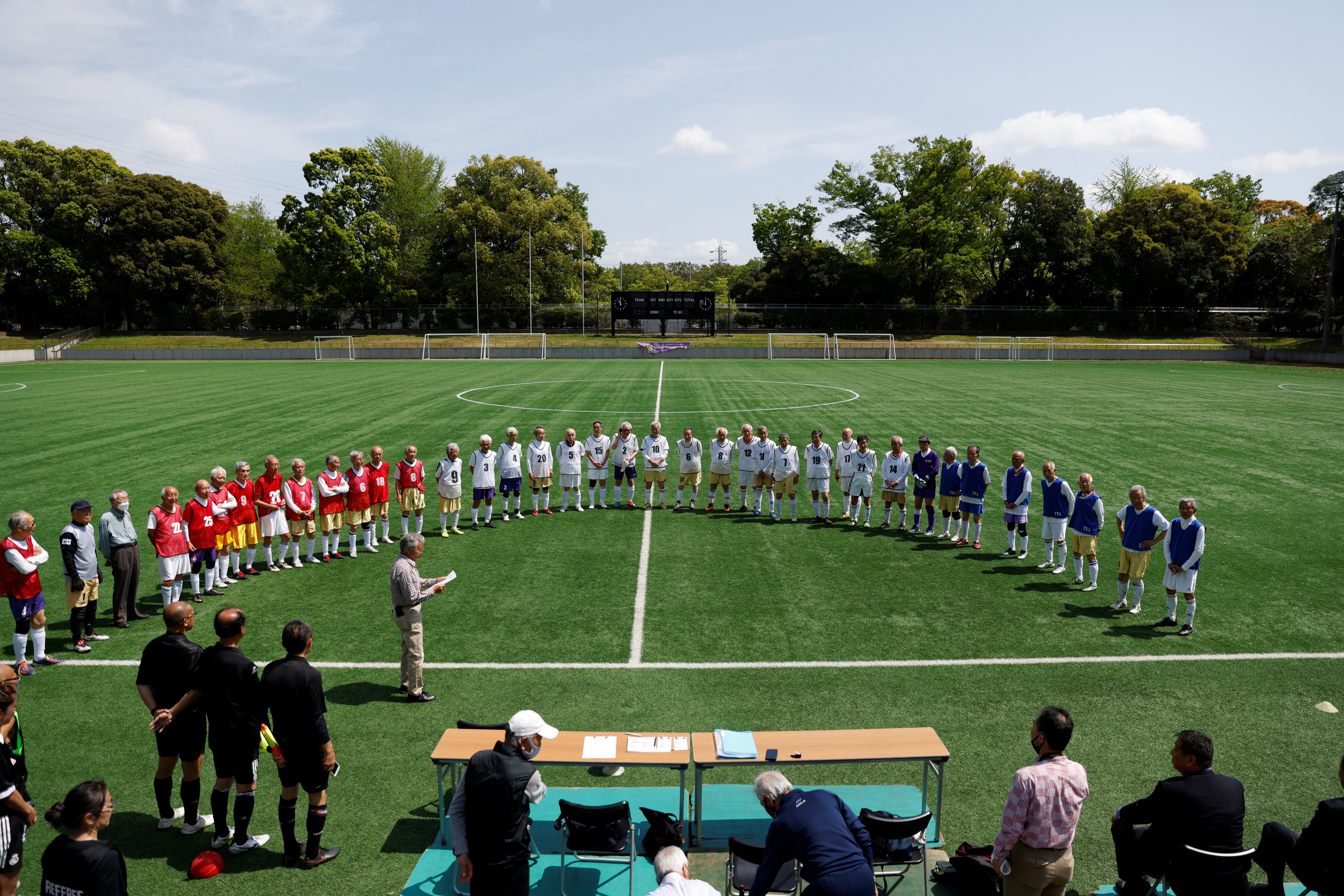 Players from Red Star, White Bear and Blue Hawaii attend the opening ceremony of the SFL 80 League