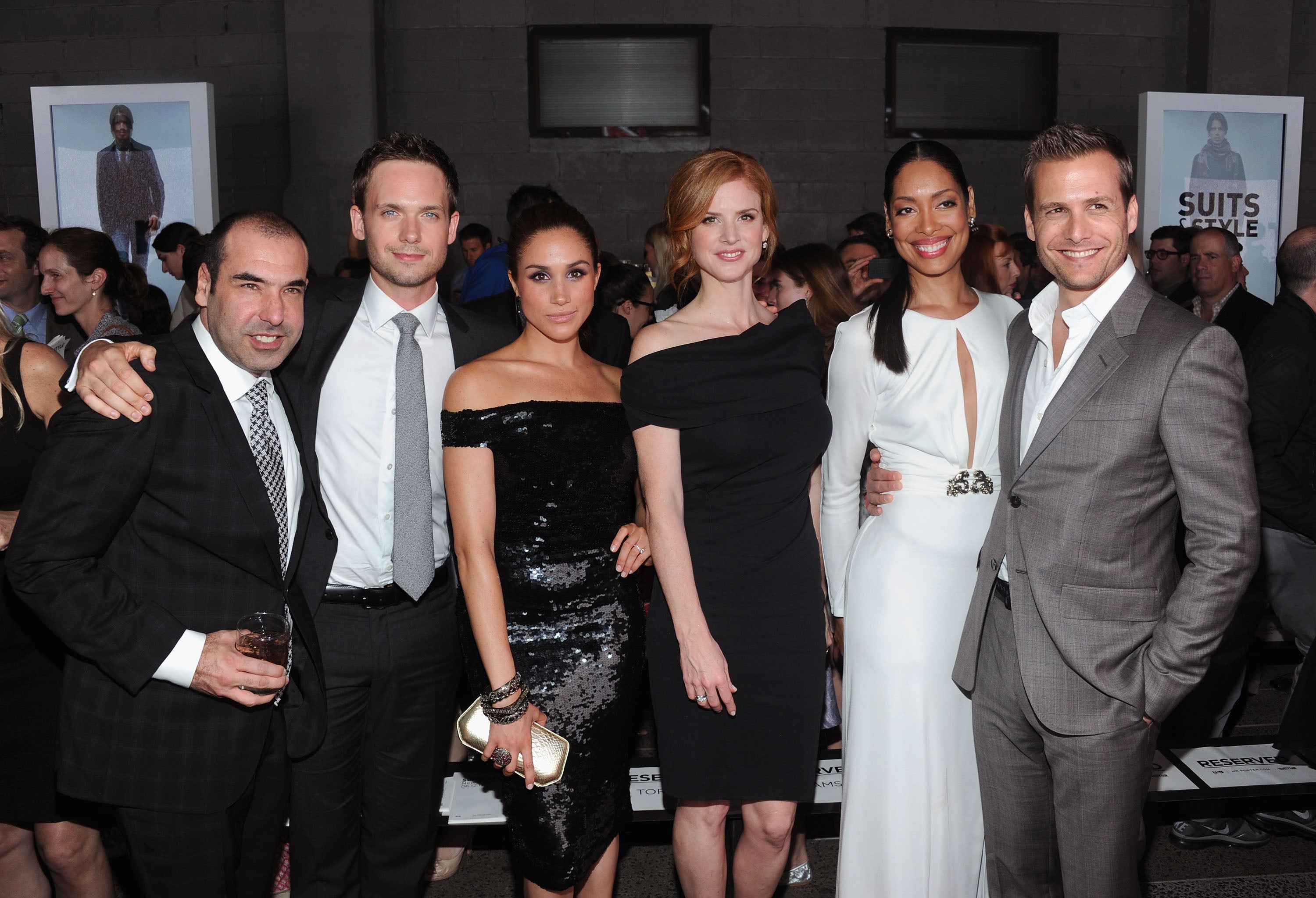 (L-R) Rick Hoffman, Patrick J. Adams, Meghan Markle, Sarah Rafferty, Gina Torres and Gabriel Macht of Suits attend USA Network and Mr Porter.com Present “A Suits Story” on June 12, 2012