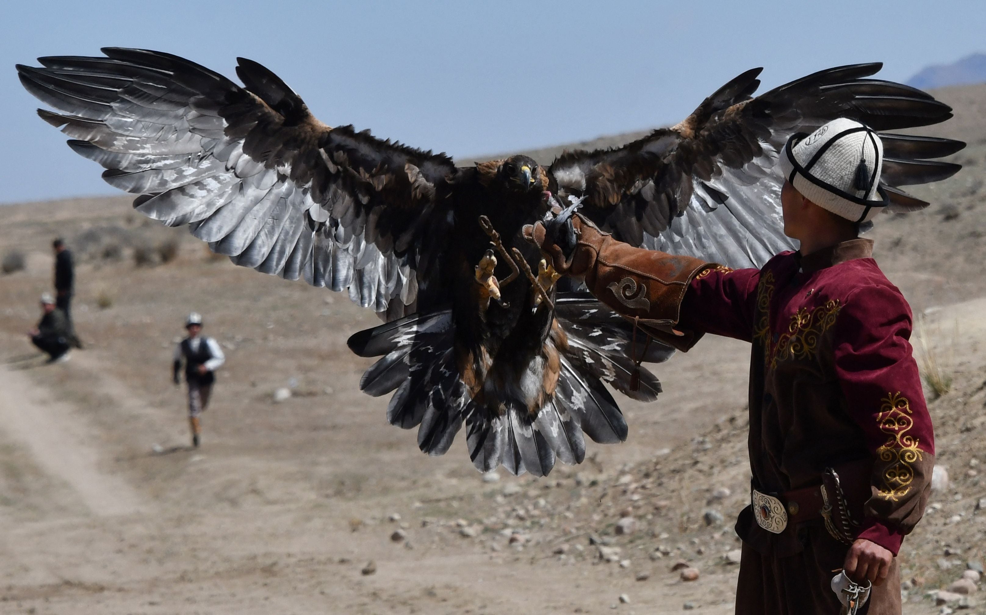 A Kyrgiz hunter spins a lure for a falcon during the Salburun hunting festival in the village of Bokonbayevo, near Lake Issyk-Kul