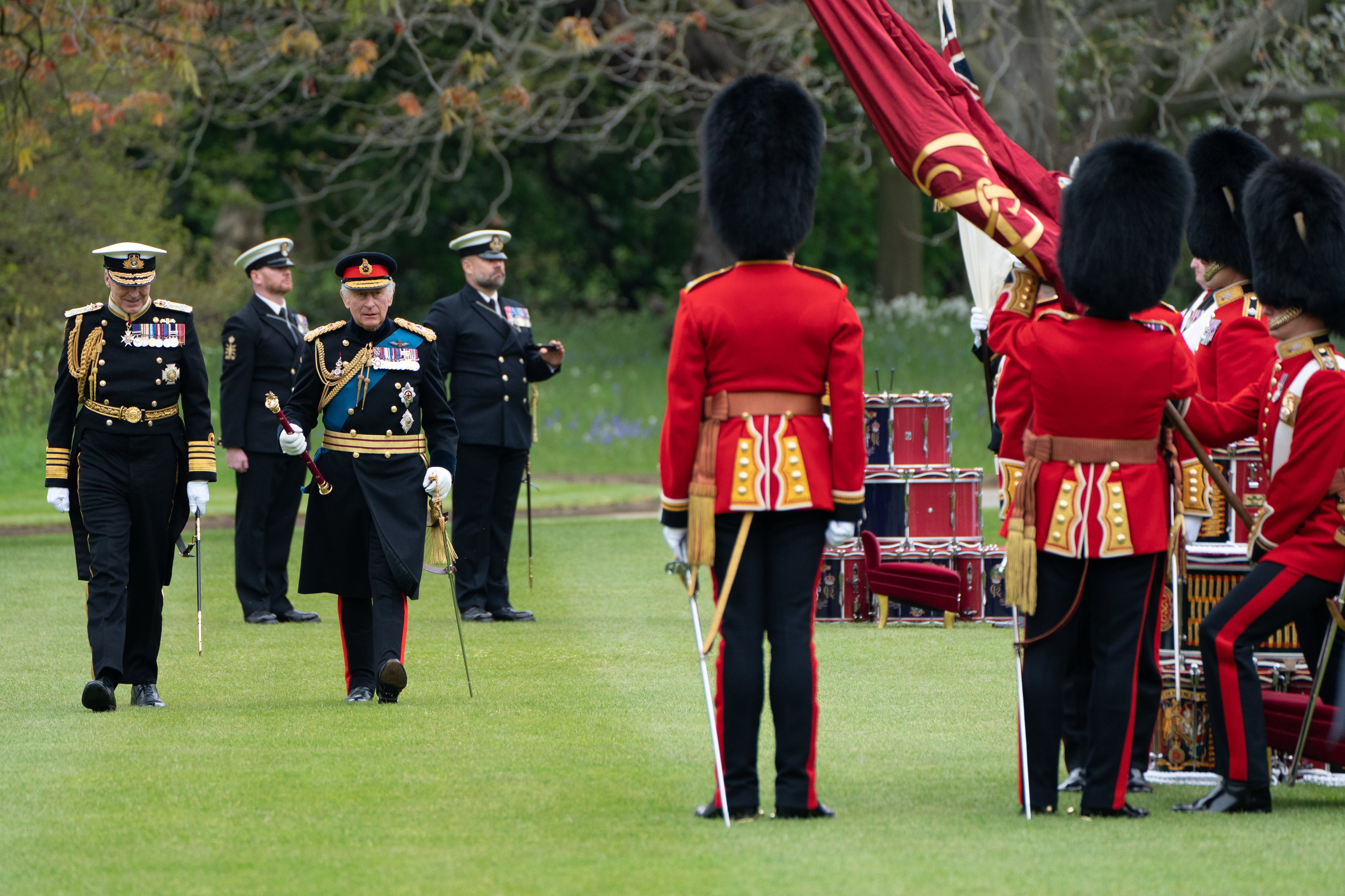 King Charles III attends a ceremony to present new Standards and Colours to the Royal Navy, the Life Guards of the Household Cavalry Mounted Regiment, The King's Company of the Grenadier Guards and The King's Colour Squadron of the Royal Air Force