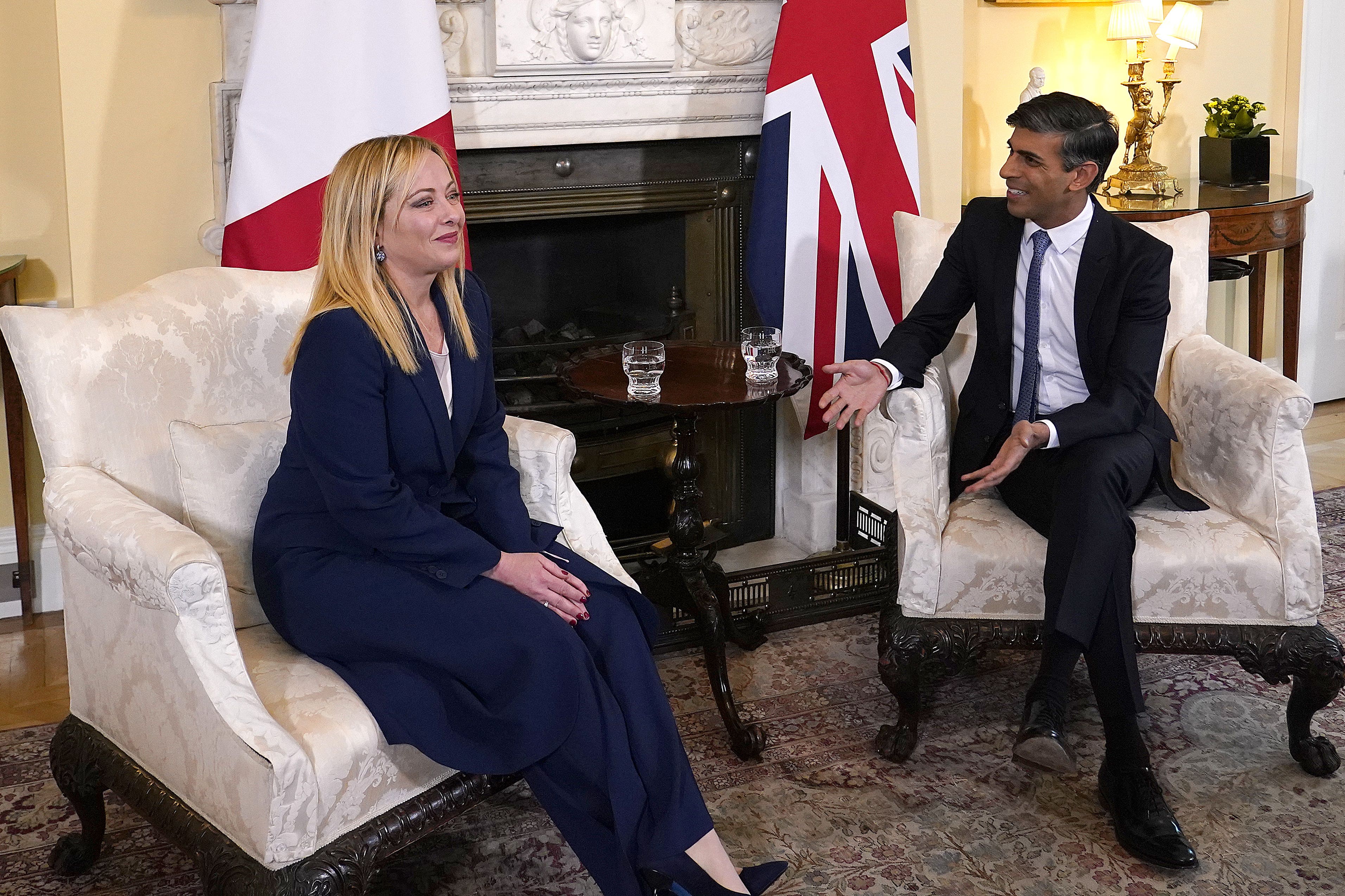 Prime Minister Rishi Sunak with Italian prime minister Giorgia Meloni in 10 Downing Street (Alberto Pezzali/PA)