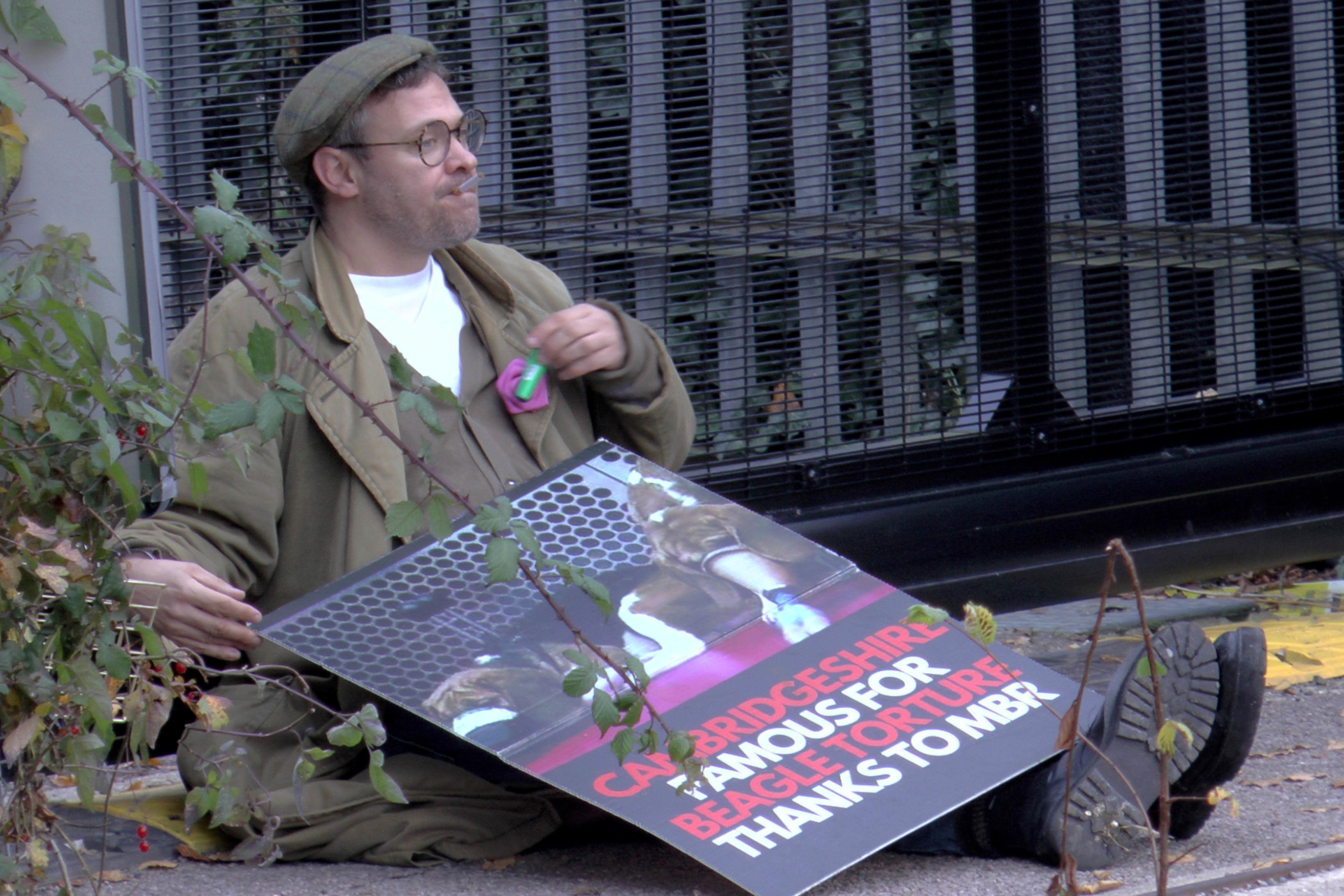 Will Young during an anti-vivisection demonstration outside the MBR Acres research site (tcm.digital/PA)