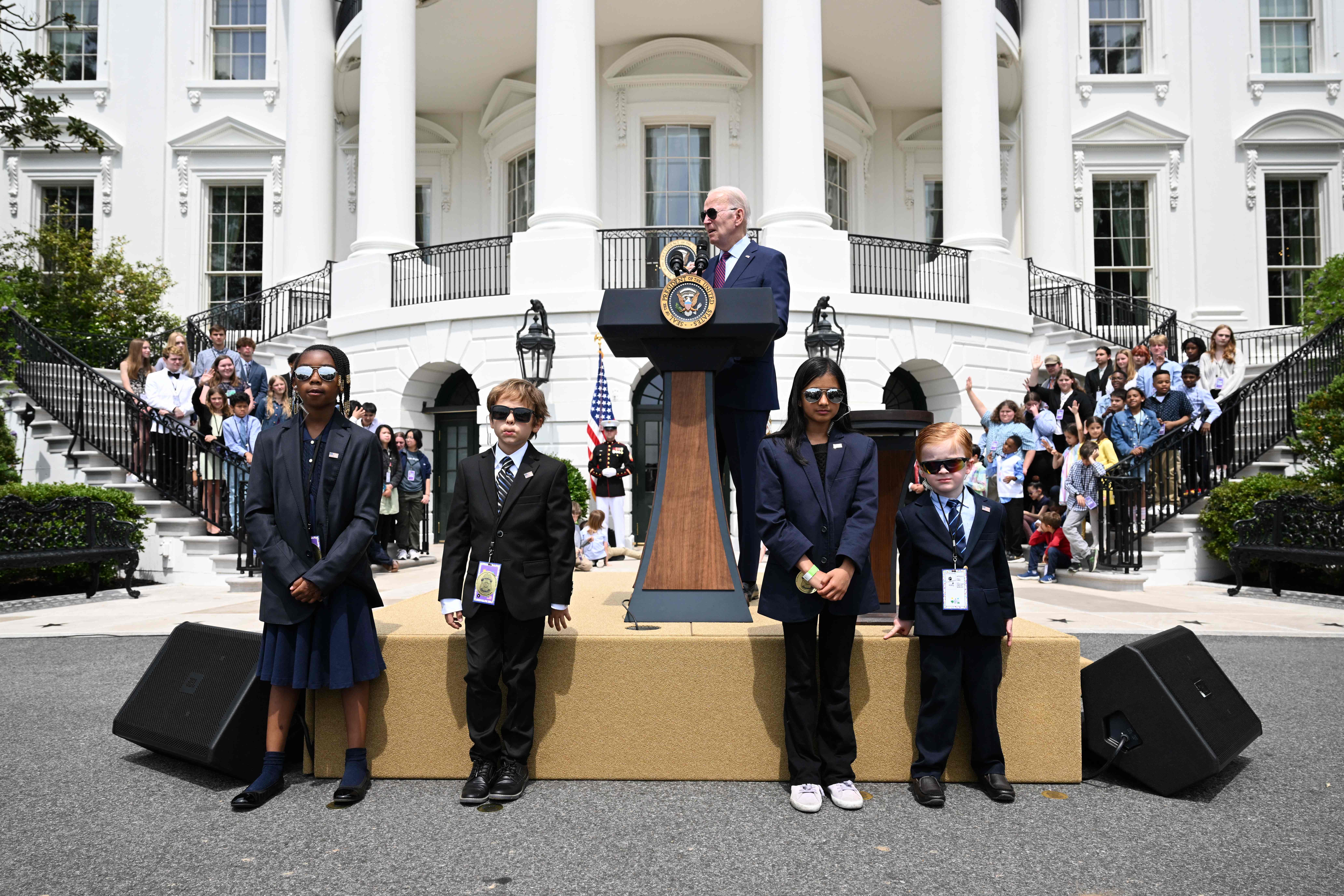 President Joe Biden speaks in a Take Your Child to Work Day welcome on the White House South Lawn on 27 April 2023