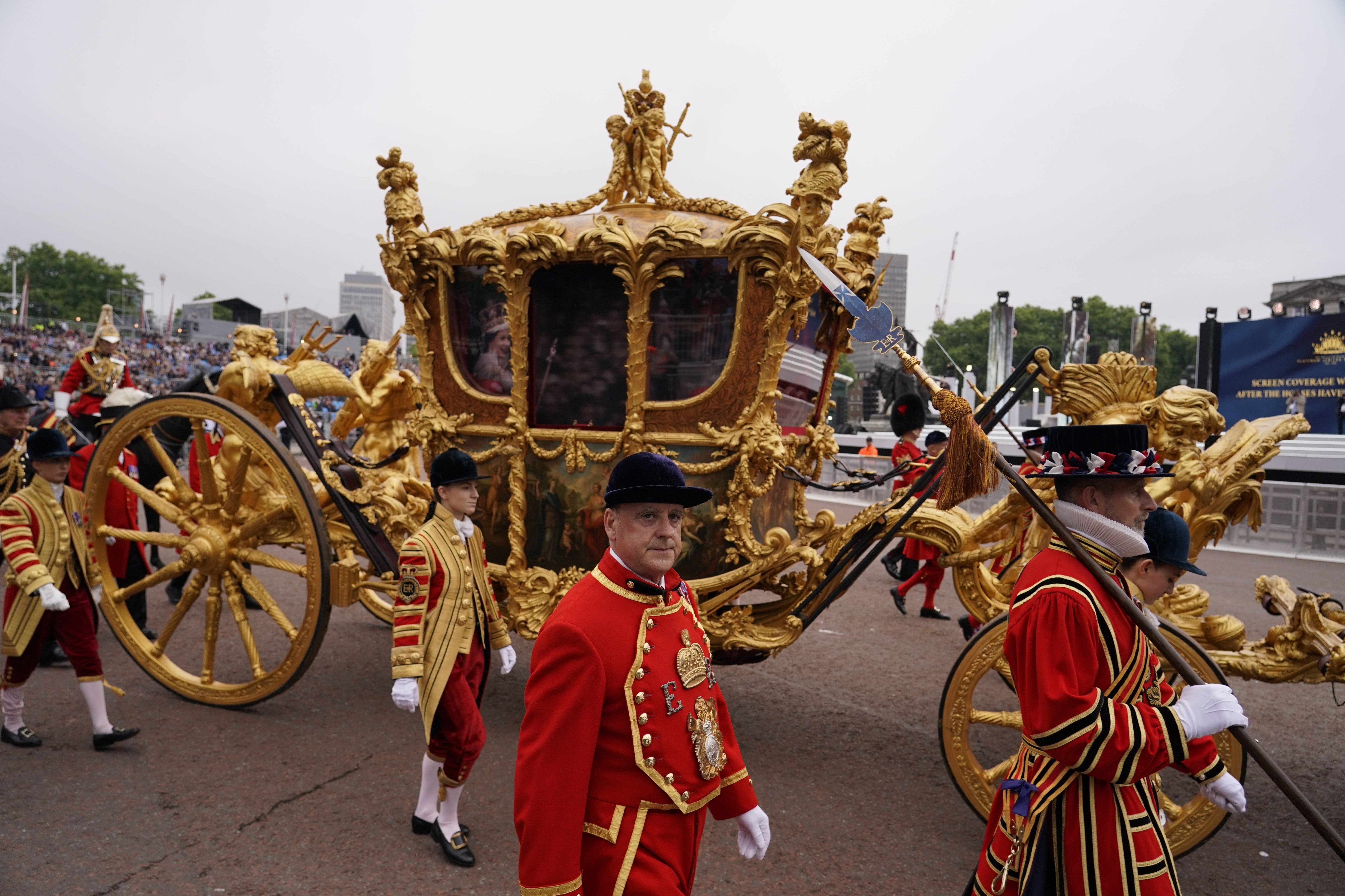 A hologram of the Queen during her coronation in the Gold State Coach during the Platinum Jubilee Pageant (Alberto Pezzali/PA)