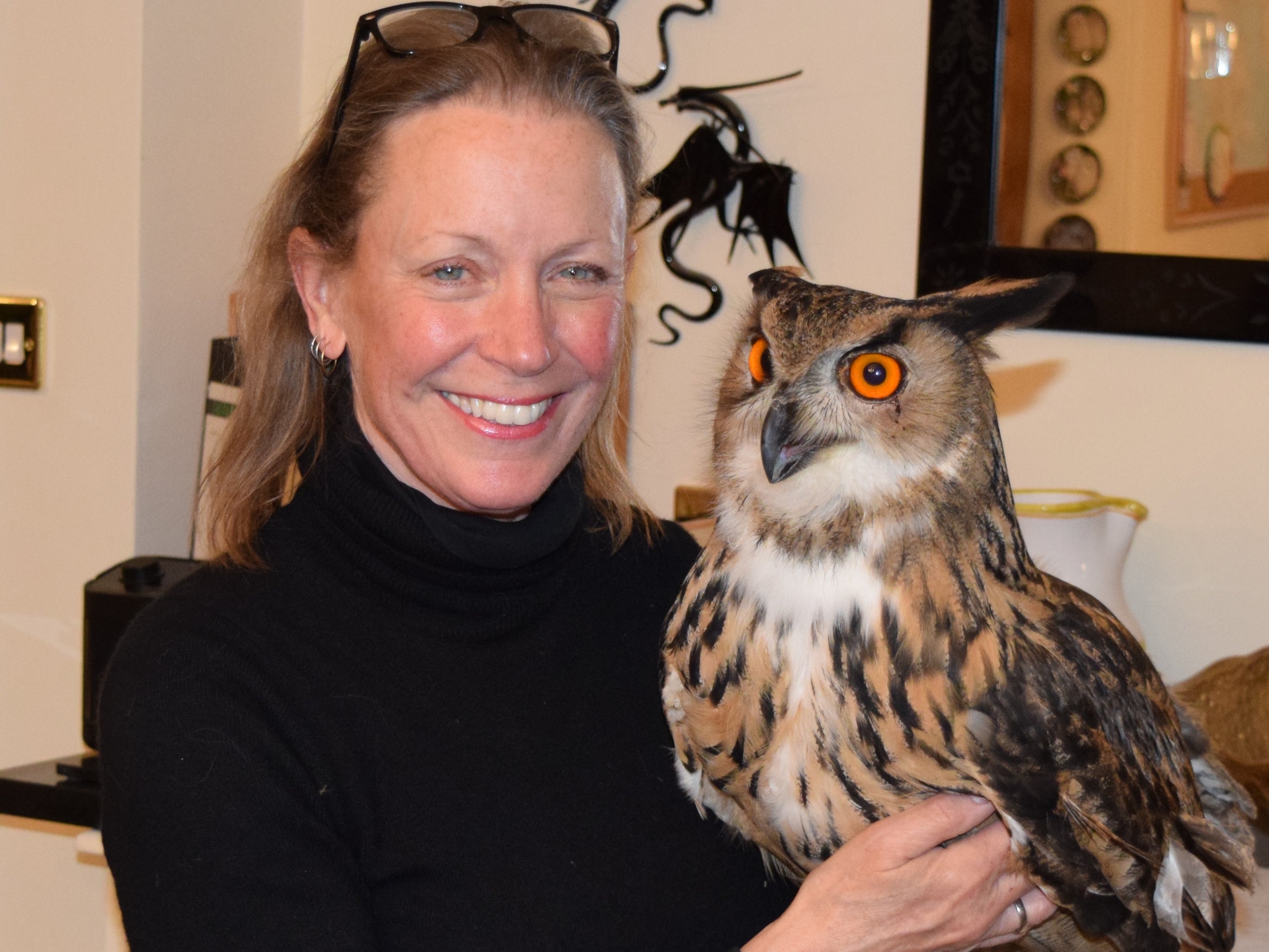 Frieda Hughes with one of her owls, Eddie