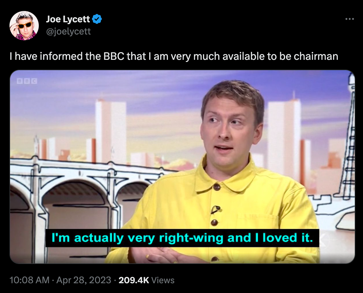 Joe Lycett jokes he should replace Richard Sharp as BBC chairman