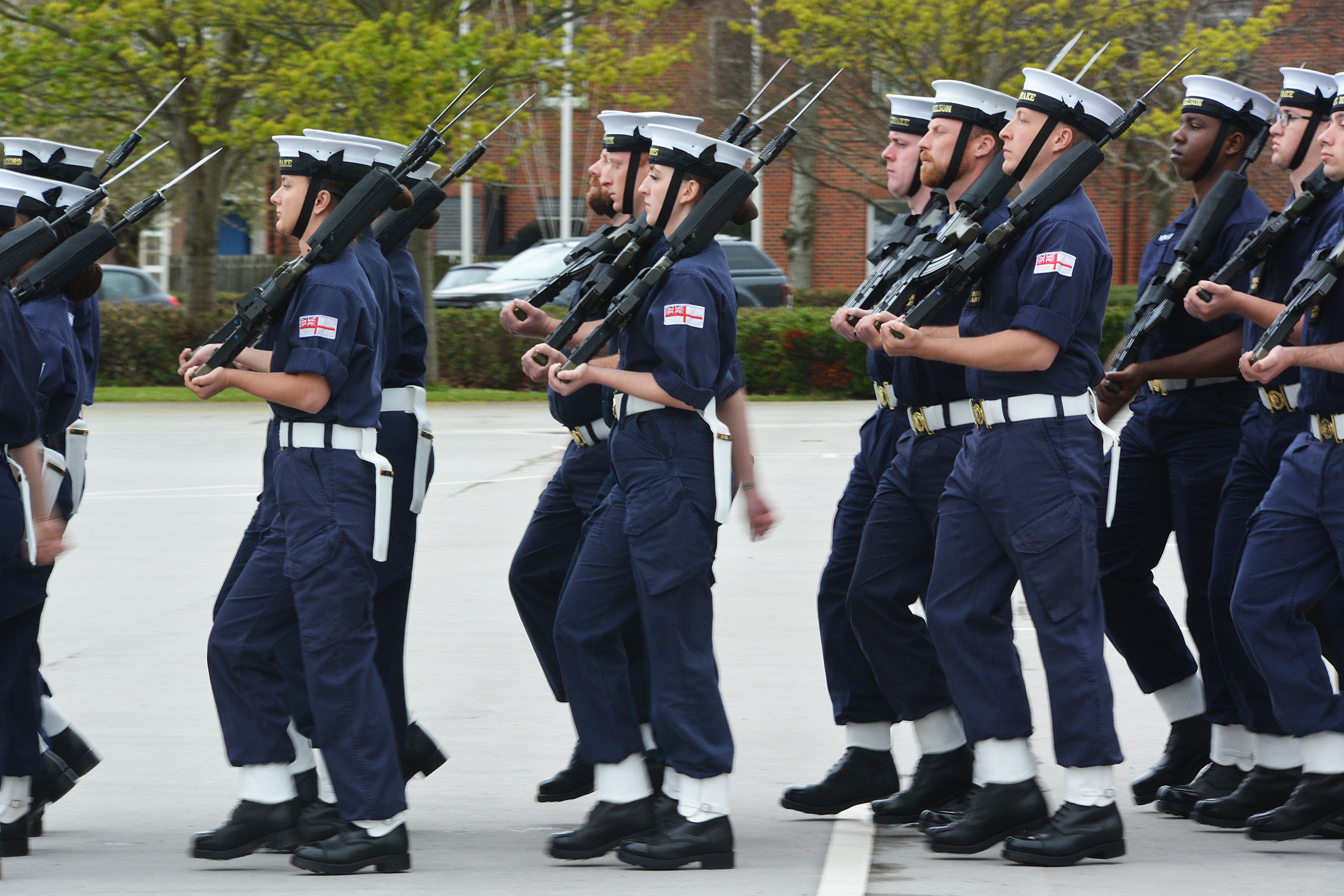 Royal Navy personnel rehearse at HMS Excellent in Portsmouth for the guard of honour at the King’s coronation (Ben Mitchell/PA)