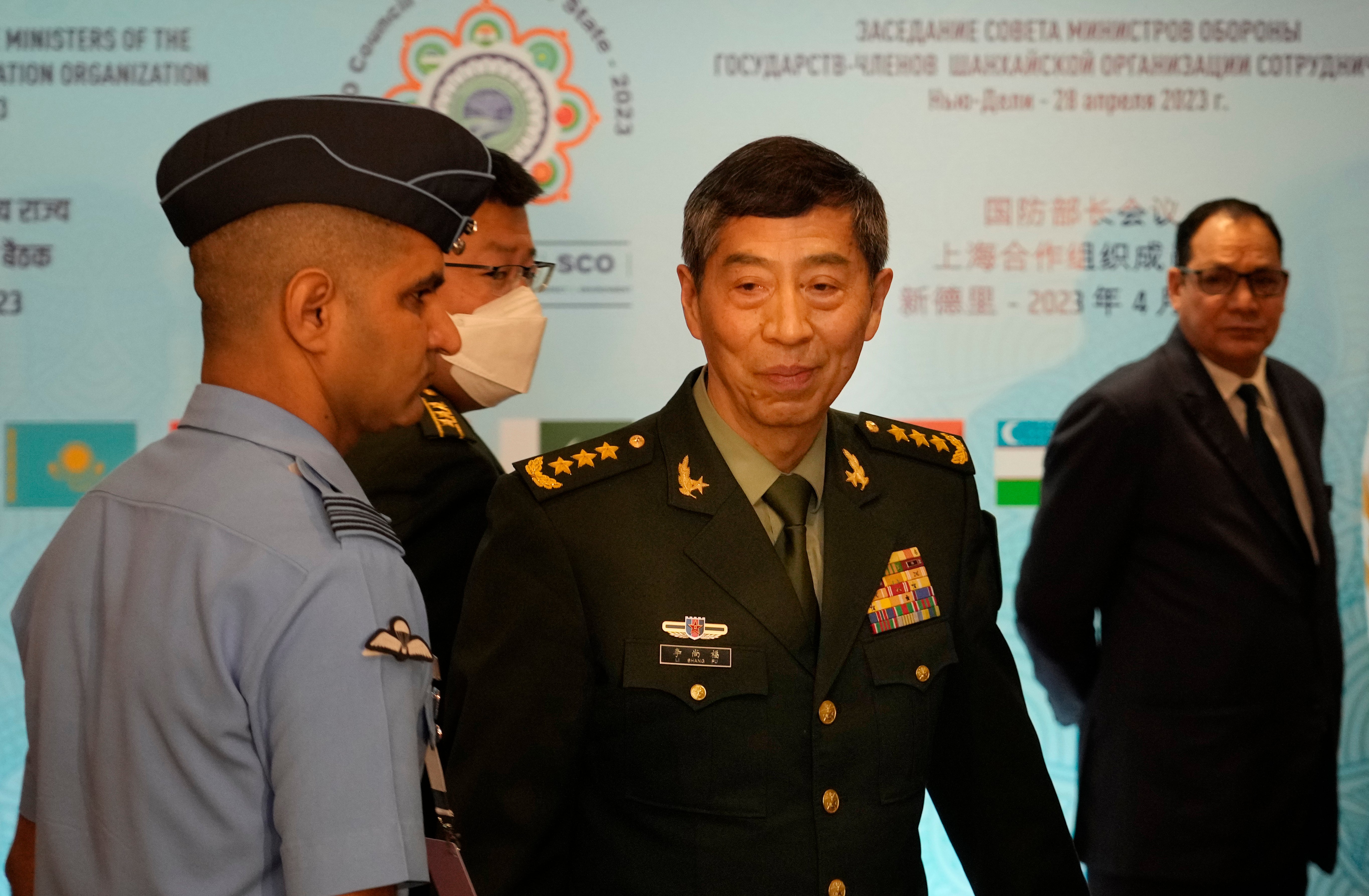 Chinese Defence Minister Gen. Li Shangfu arrives to attend the defence ministers meeting for the Shanghai Cooperation Organisation (SCO) summit in New Delhi, India, Friday, 28 April 2023