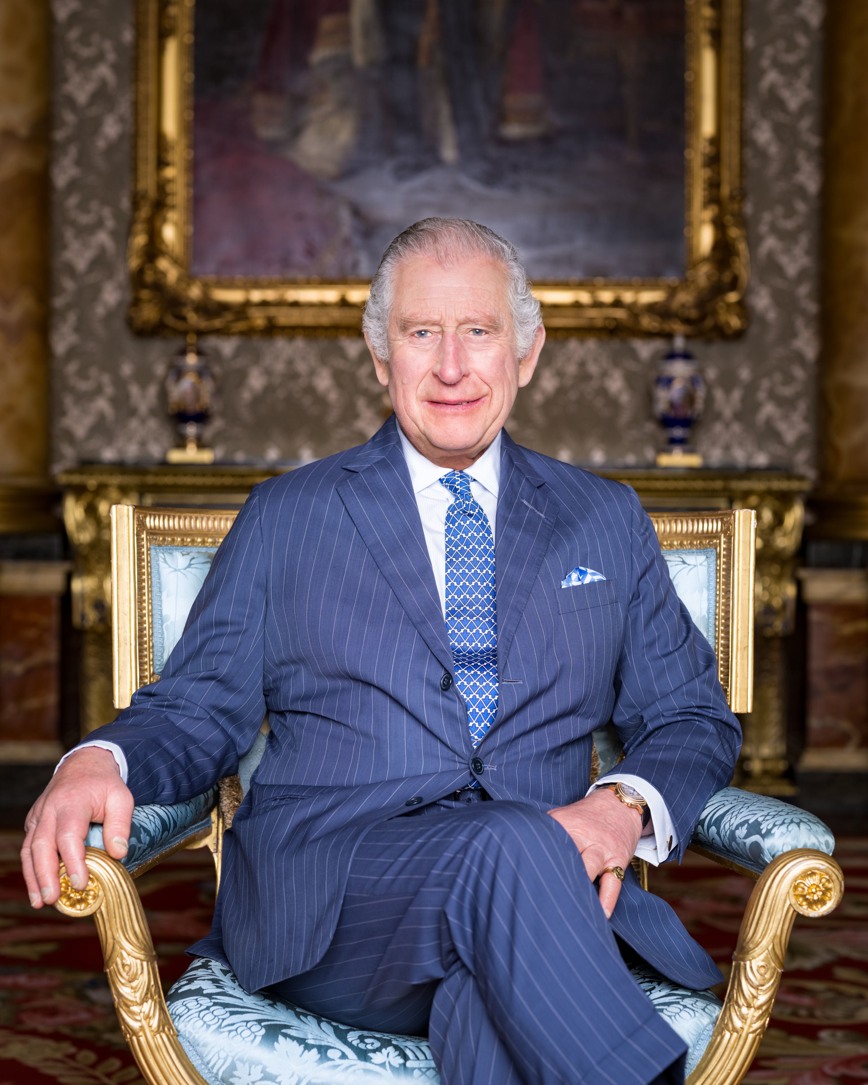 King Charles III in the Blue Drawing Room at Buckingham Palace