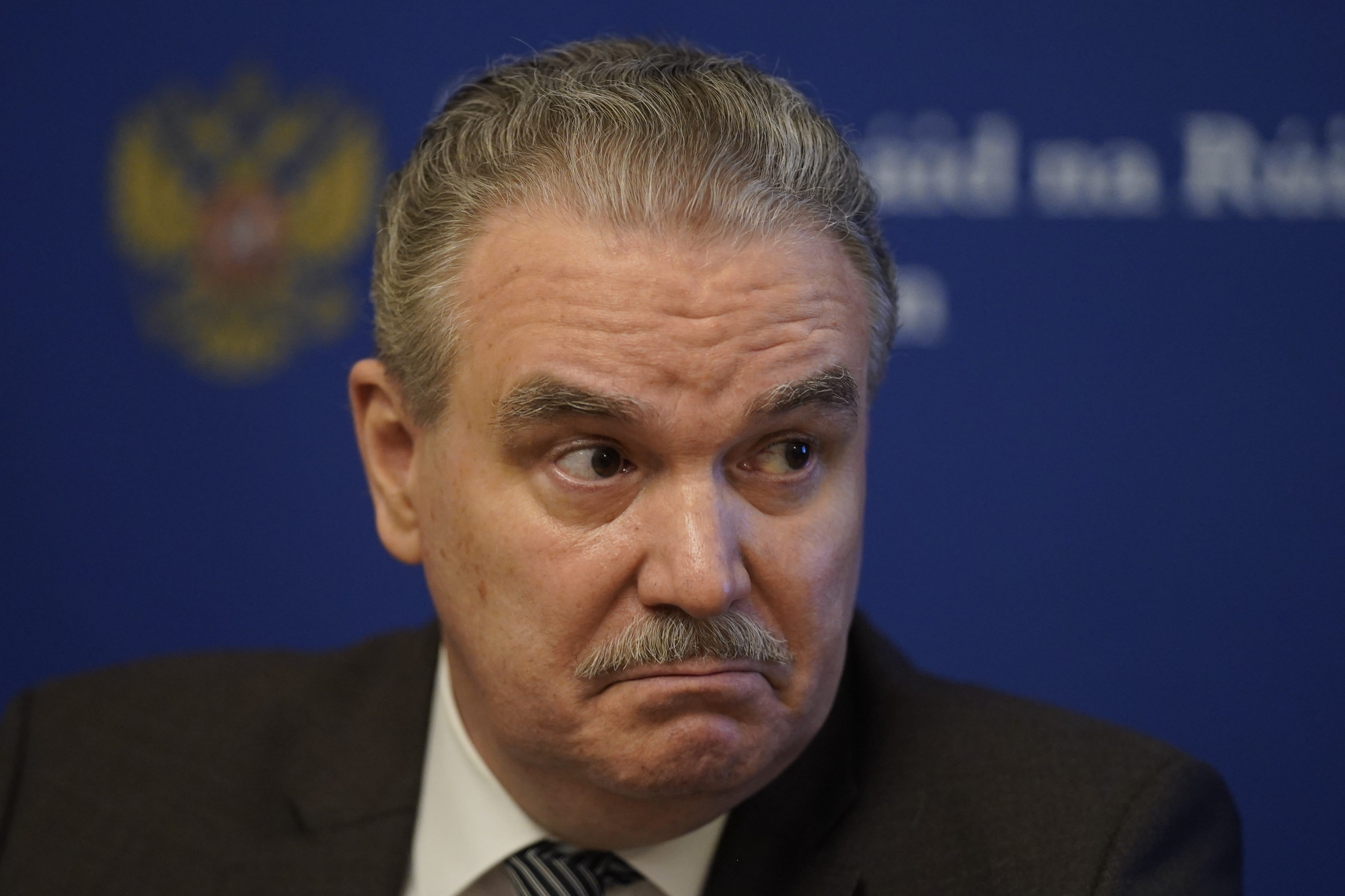 Russian ambassador to Ireland Yury Filatov speaking at a press conference at the Russian Embassy in Dublin. Picture date: Monday January 24, 2022.