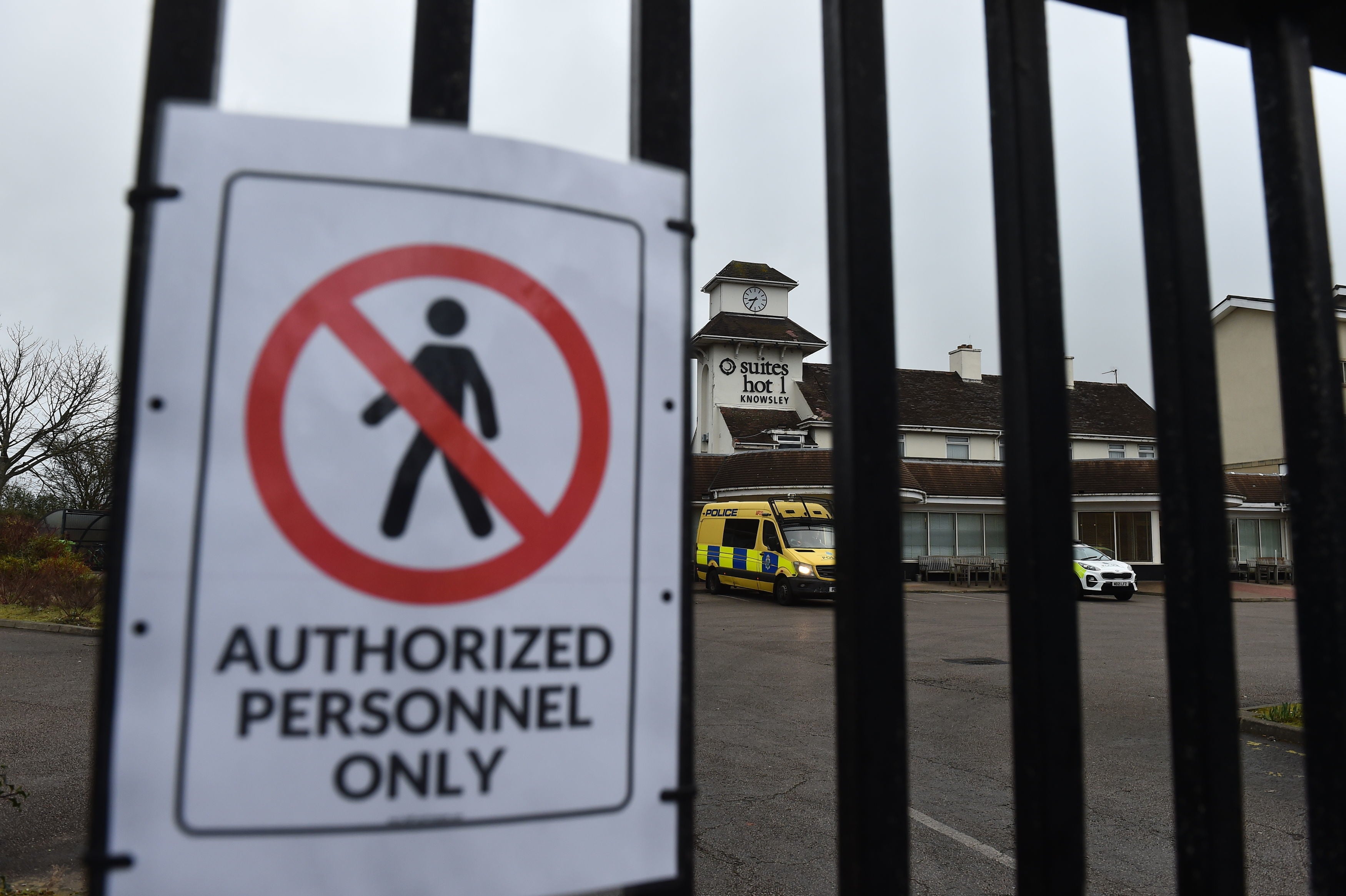 Police outside the Suites Hotel in Knowsley, Merseyside, after protesters demonstrated against asylum seekers staying at the hotel