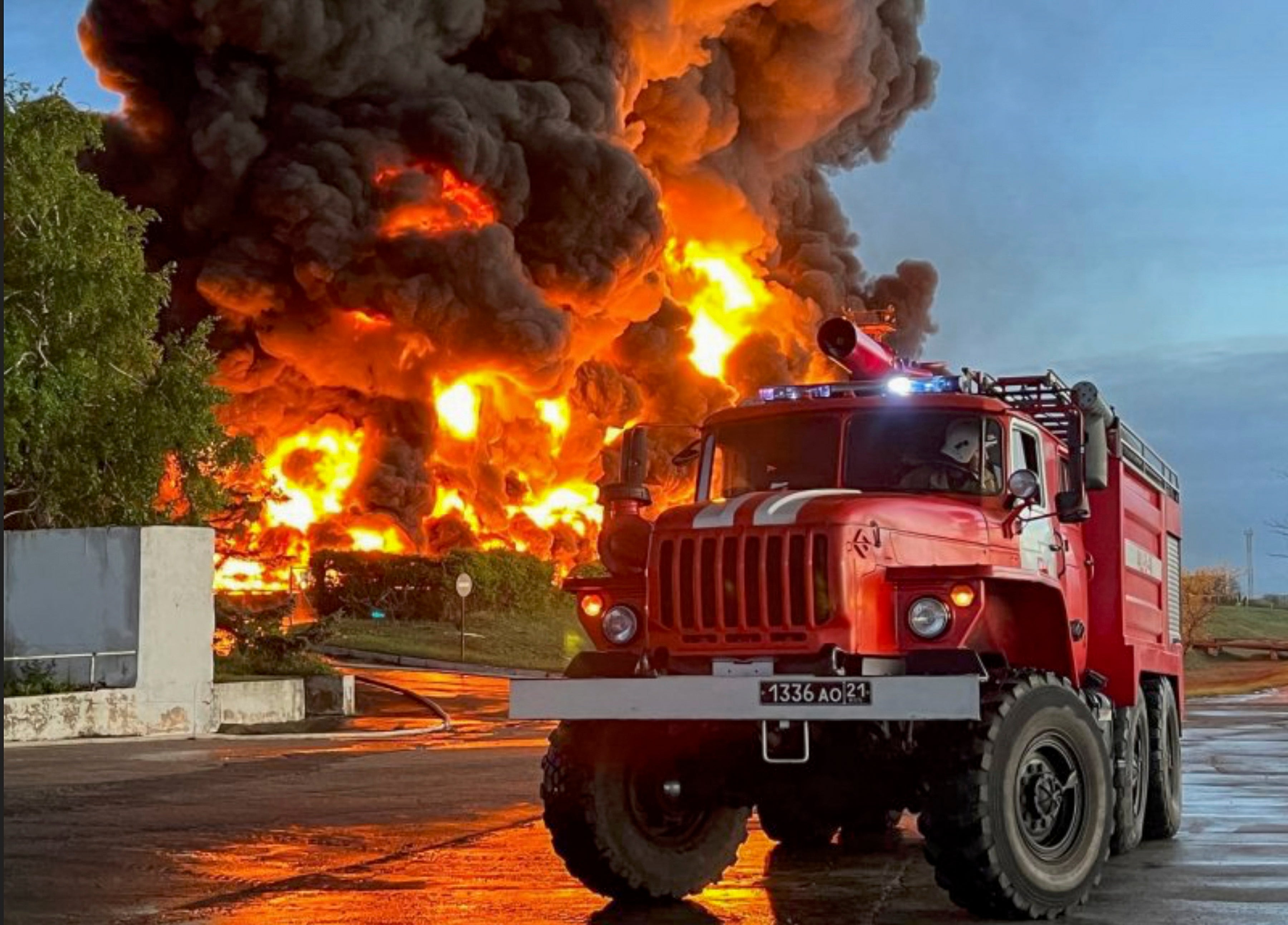 Firefighters deployed to extinguish the blaze at the oil depot in Sevastopol