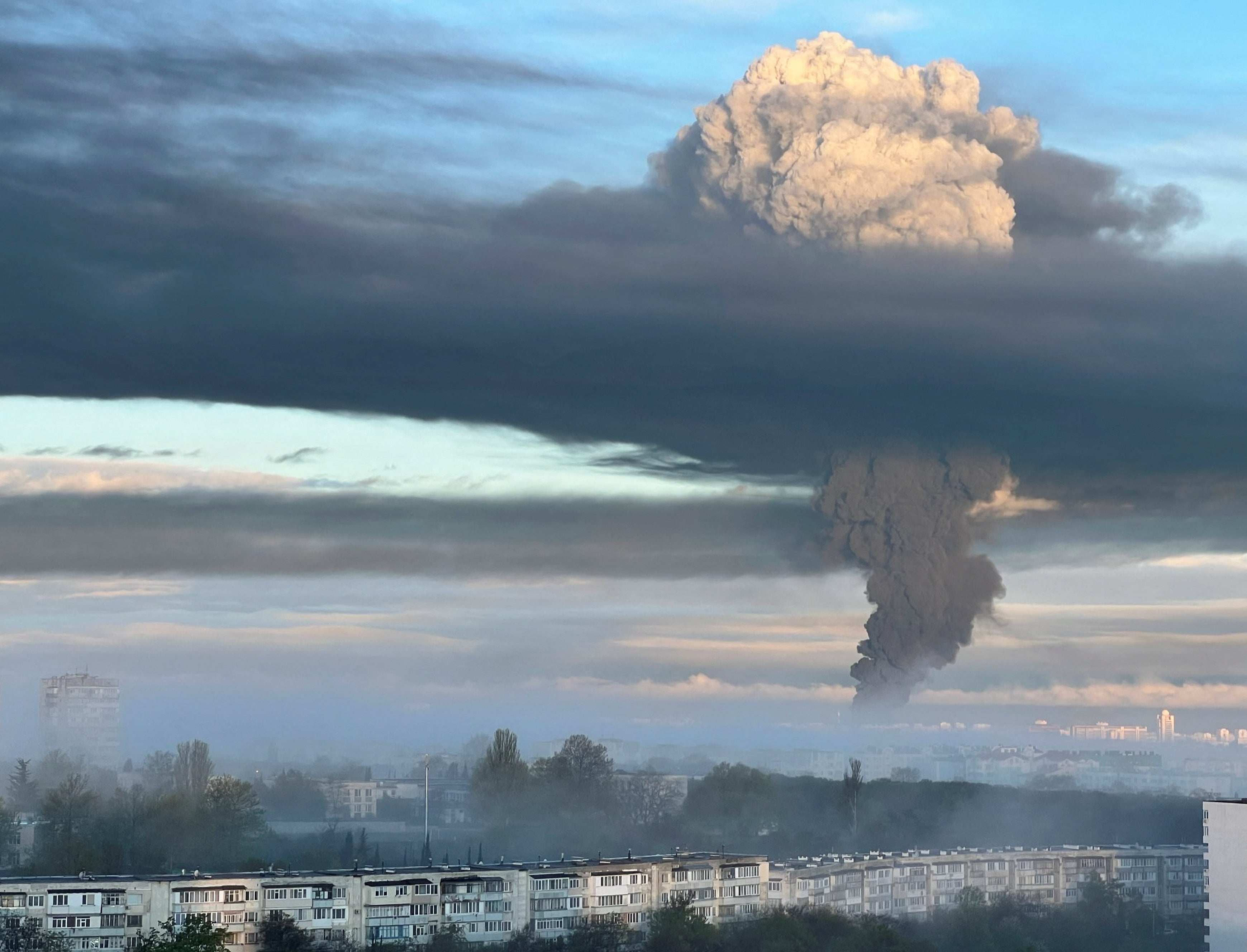 Smoke rises following the alleged drone attack in Sevastopol