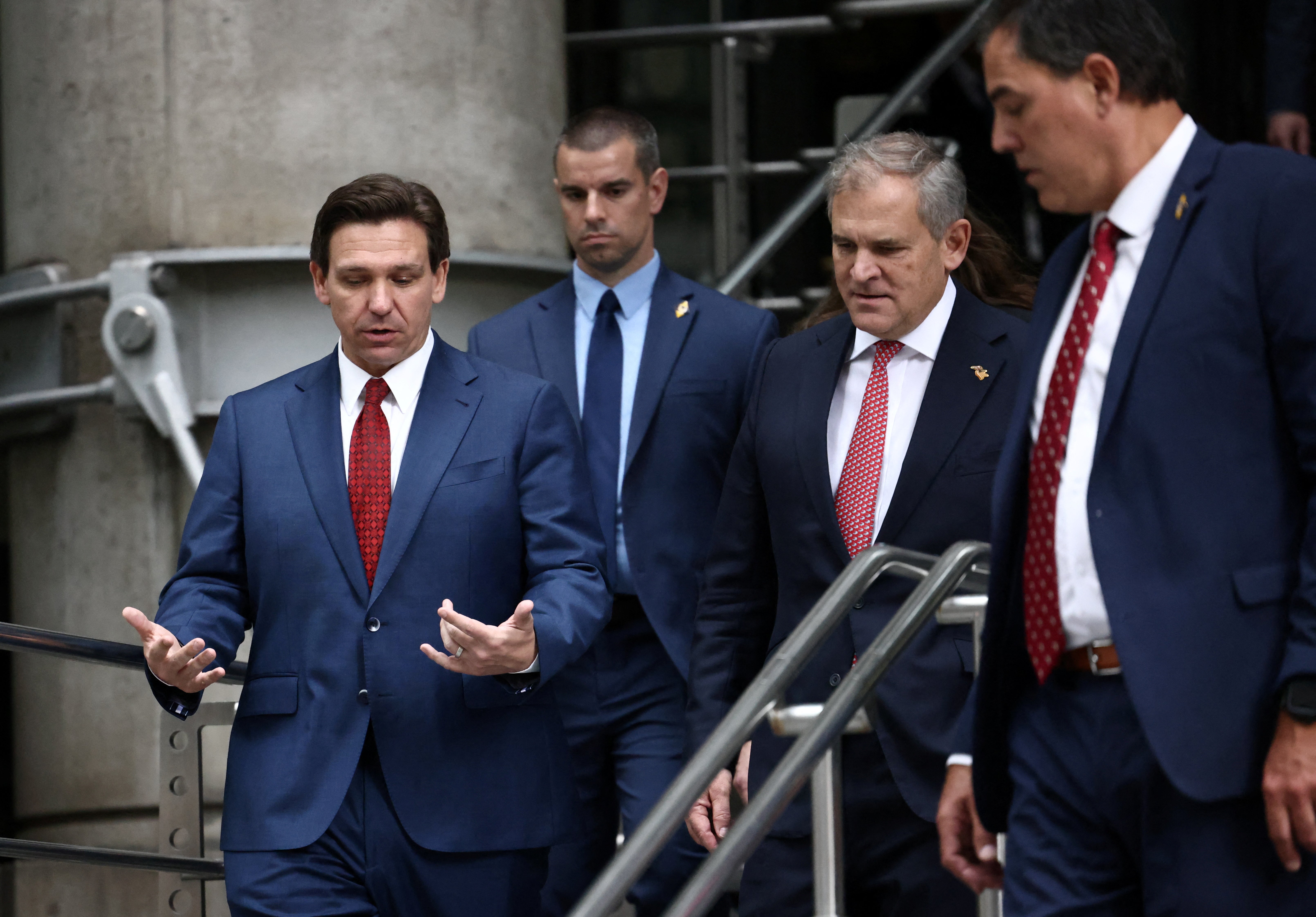 DeSantis leaves the Lloyds Bank building in London after a meeting with business leaders