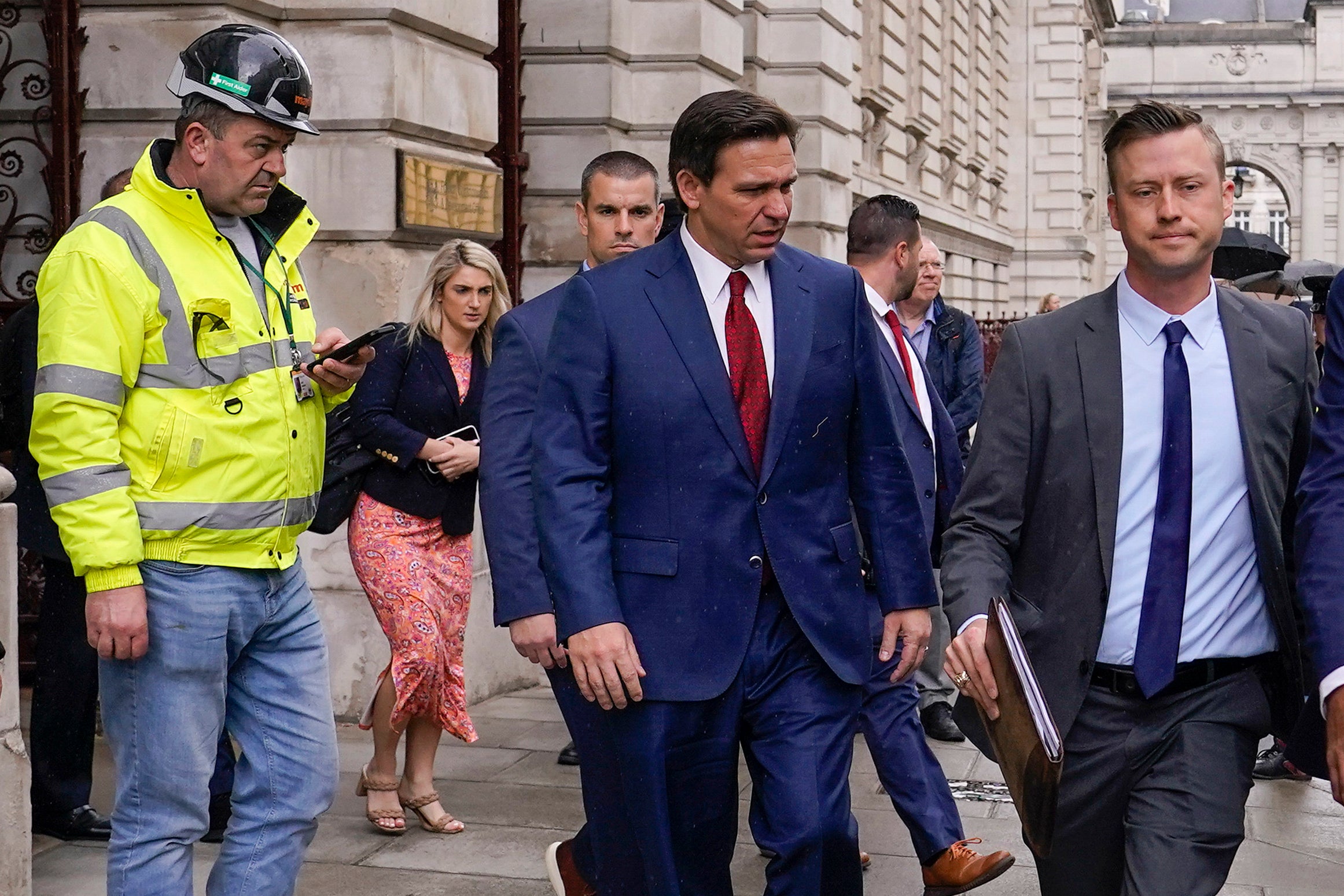 Ron DeSantis leaves the Foreign Office in London after meeting Britain's Foreign Secretary James Cleverly