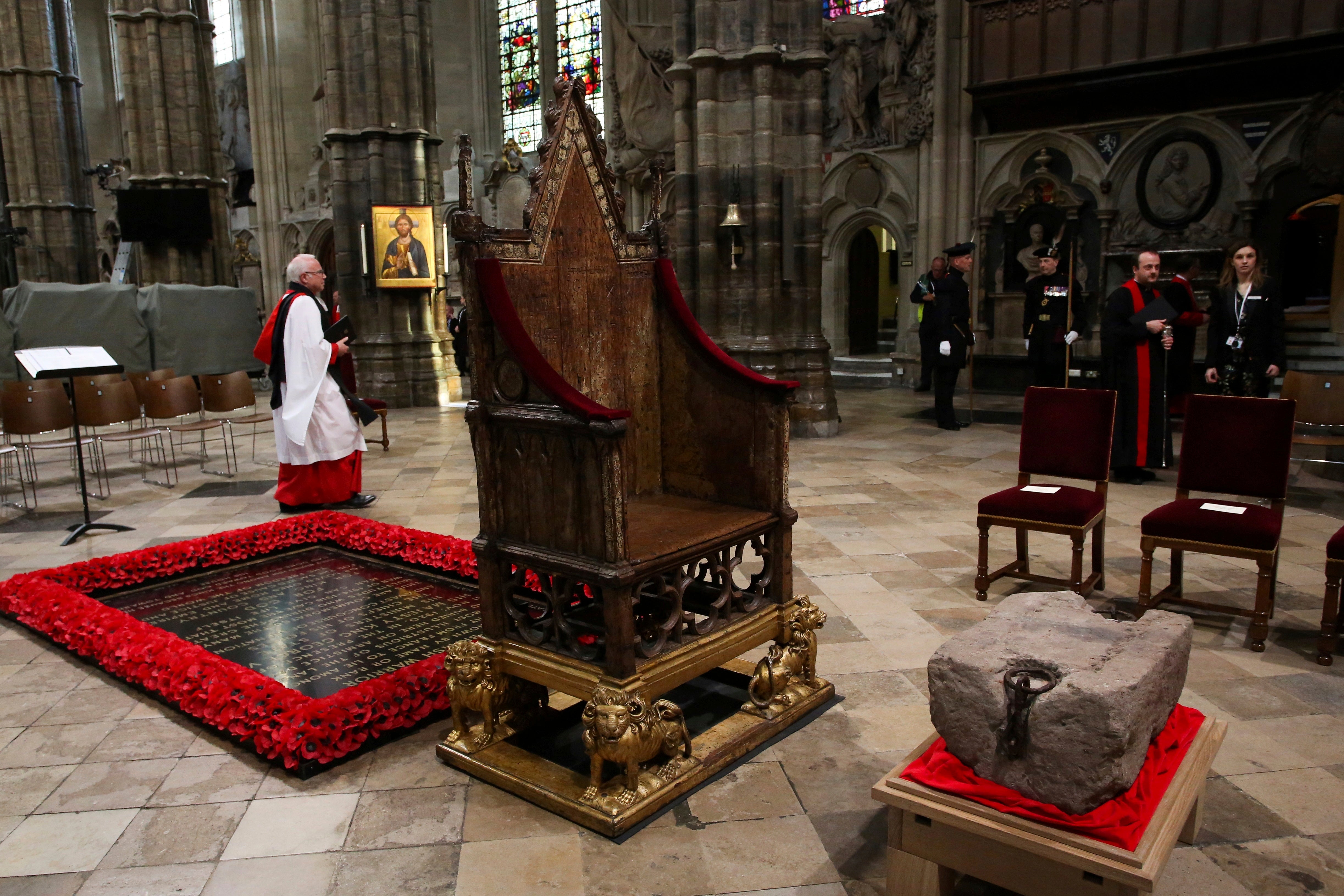 The Stone of Destiny is seen during a welcome ceremony ahead of the coronation of Britain's King Charles III