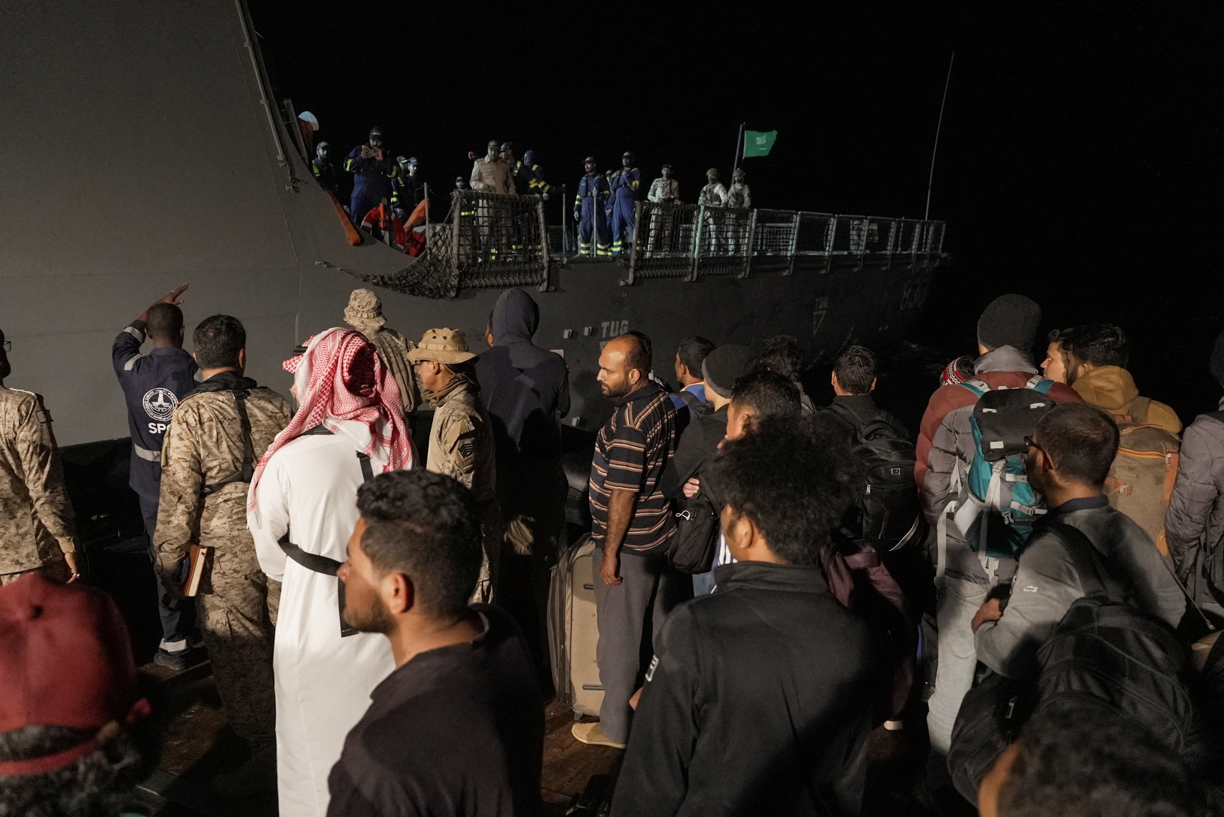 Saudi Royal Navy ship docks at sea port to evacuate civilians from Sudan, in Port Sudan