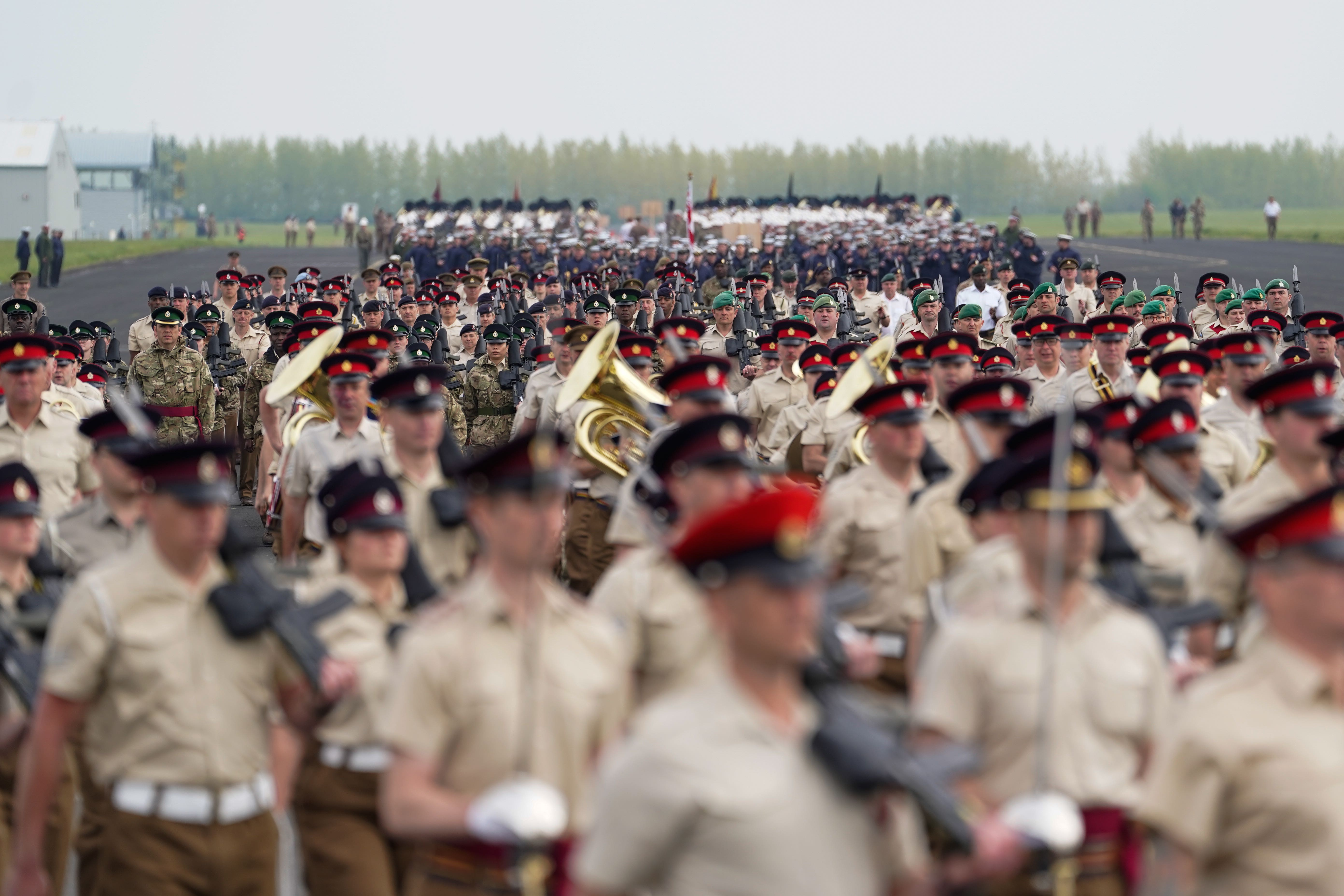 Members of the Armed Forces during a full tri-service and Commonwealth rehearsal at RAF Odiham in Hampshire (Andrew Matthews/PA)