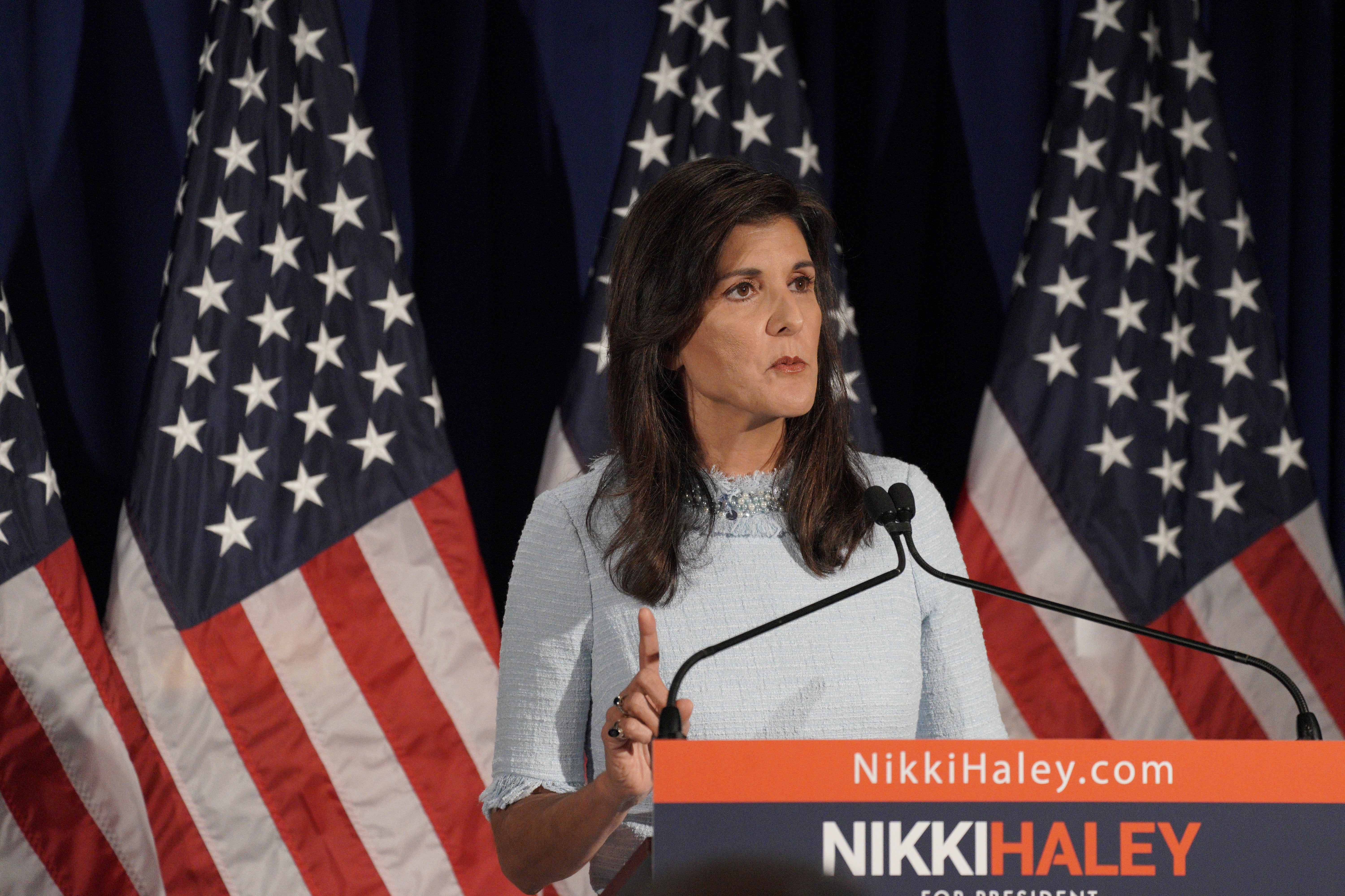 Presidential candidate Nikki Haley delivers a speech on abortion at the headquarters of Susan B Anthony Pro-Life America in Arlington, Texas