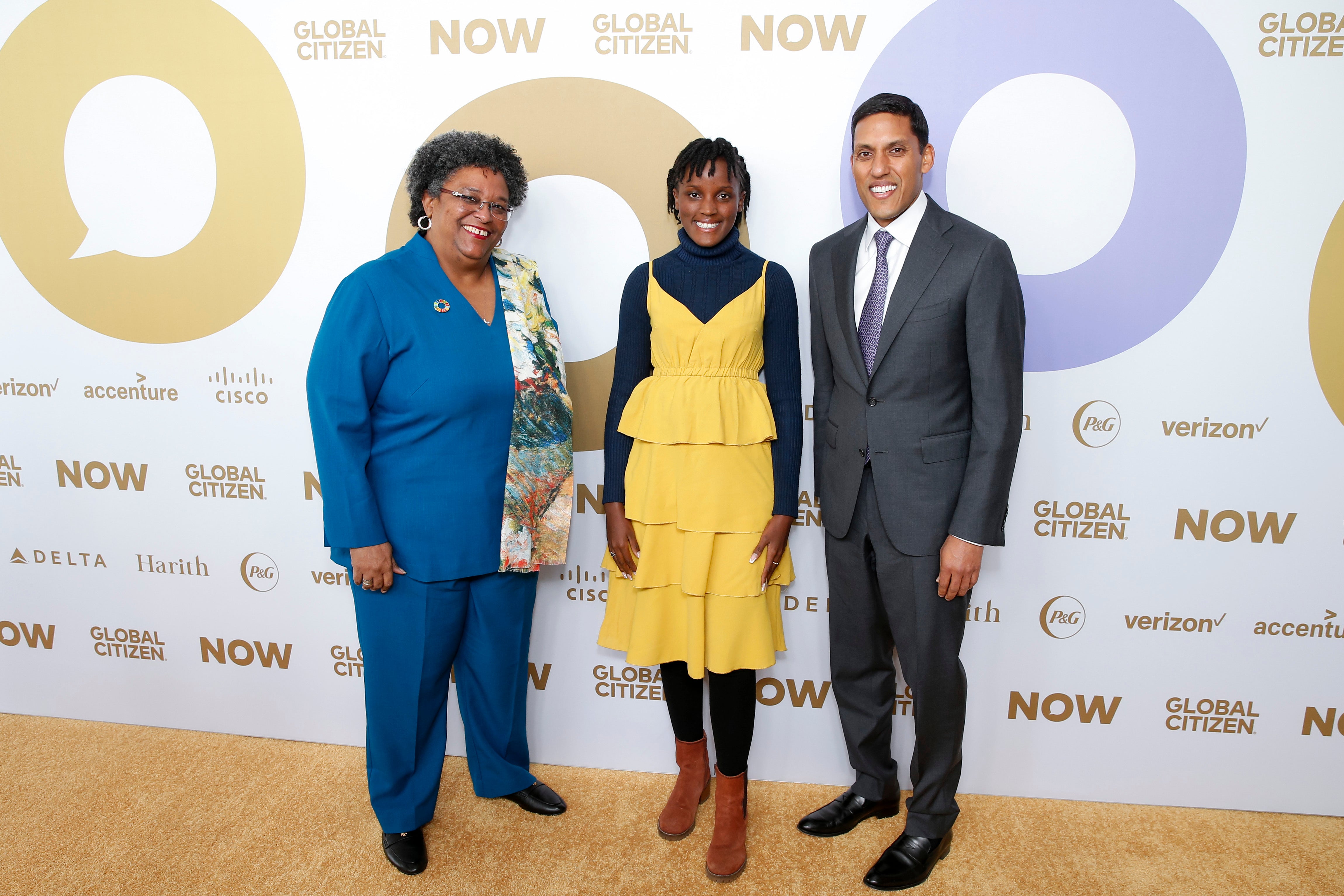 From left to right: Barbados PM Mia Mottley, Vanessa Nakate, and Dr. Rajiv Shah attend Global Citizen NOW on April 27, 2023 in New York City