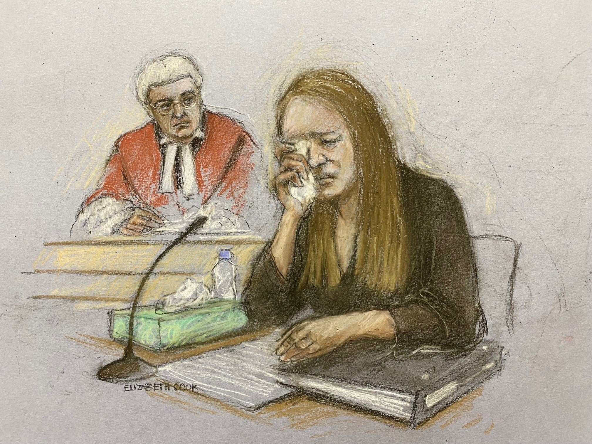 Court artist sketch of Lucy Letby giving evidence in the dock at Manchester Crown Court