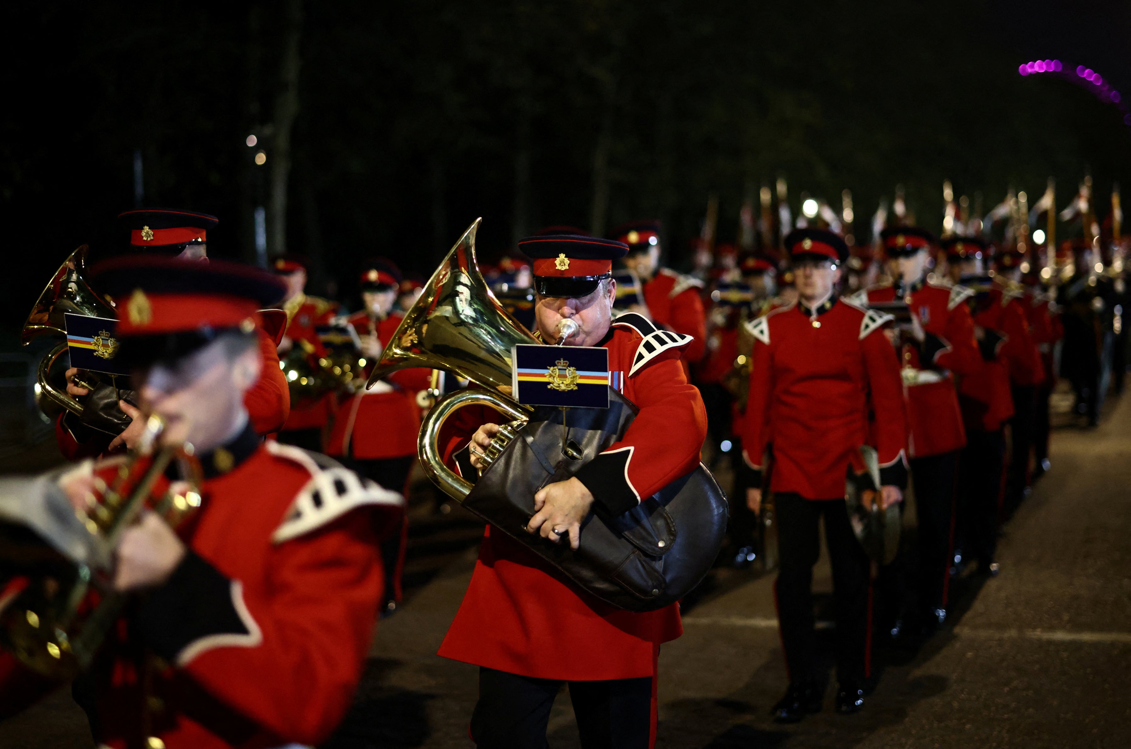 Members of the military take part in a full overnight dress rehearsal of the coronation