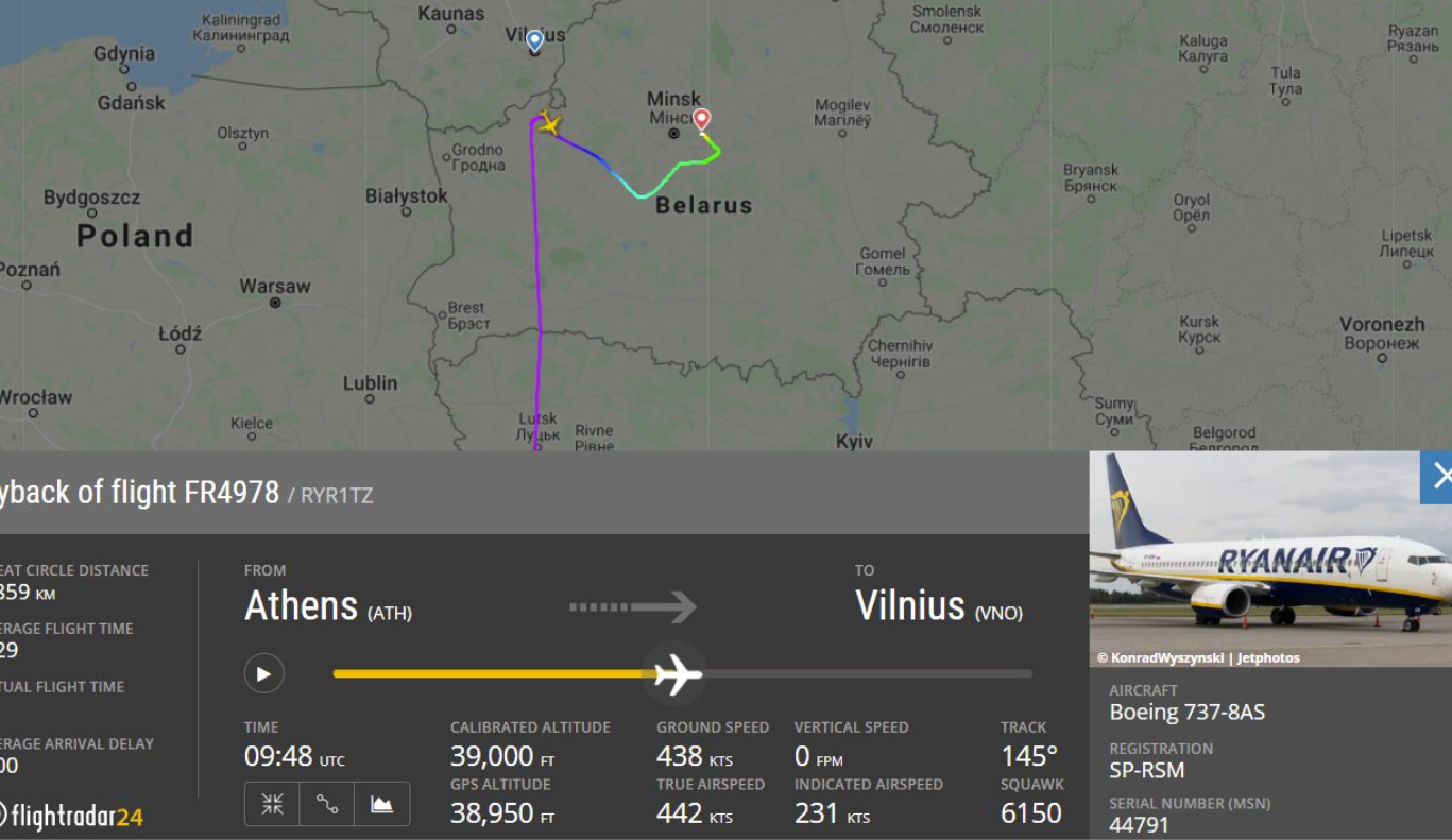 Ryanair flight FR4978 was forcibly diverted to Belarus by fighter jets on 23 May 2021