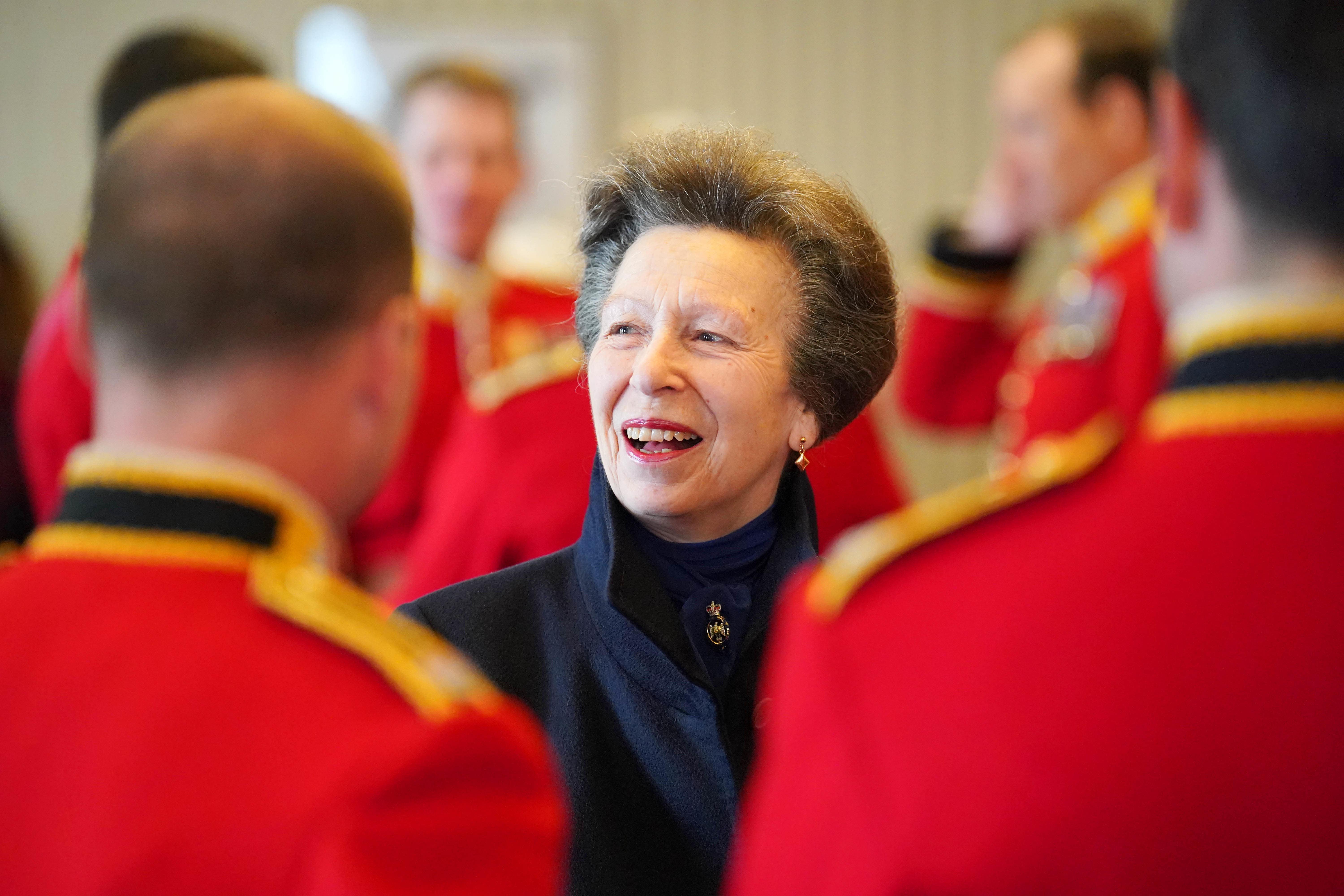 The Princess Royal, as Colonel of The Blues and Royals (Royal Horse Guards and 1st Dragoons), meets officers and senior non-commissioned officers of The Household Division during her visit to Wellington Barracks, central London, ahead of the coronation (Jonathan Brady/PA)