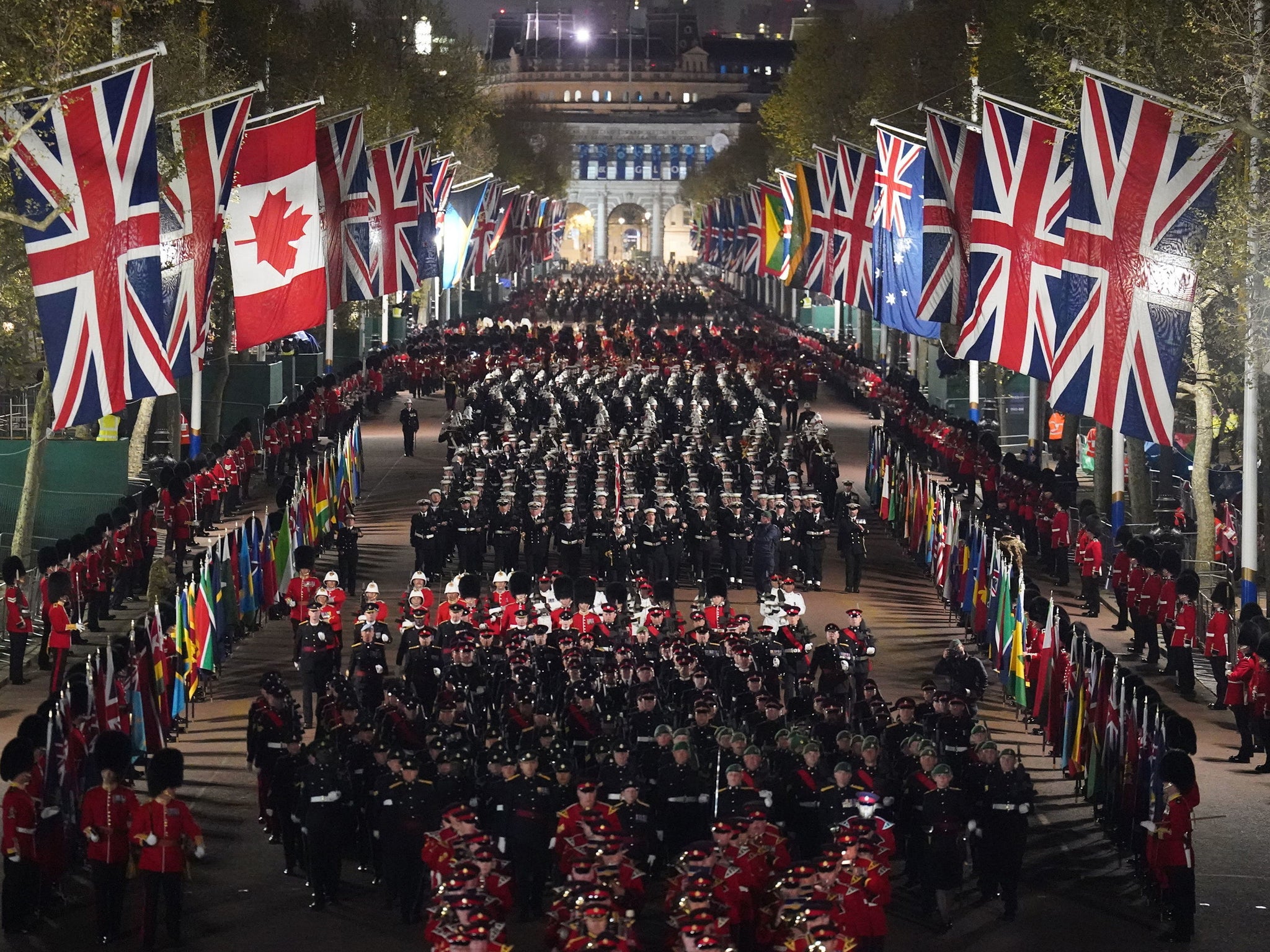 A night time rehearsal in central London for the coronation of King Charles III