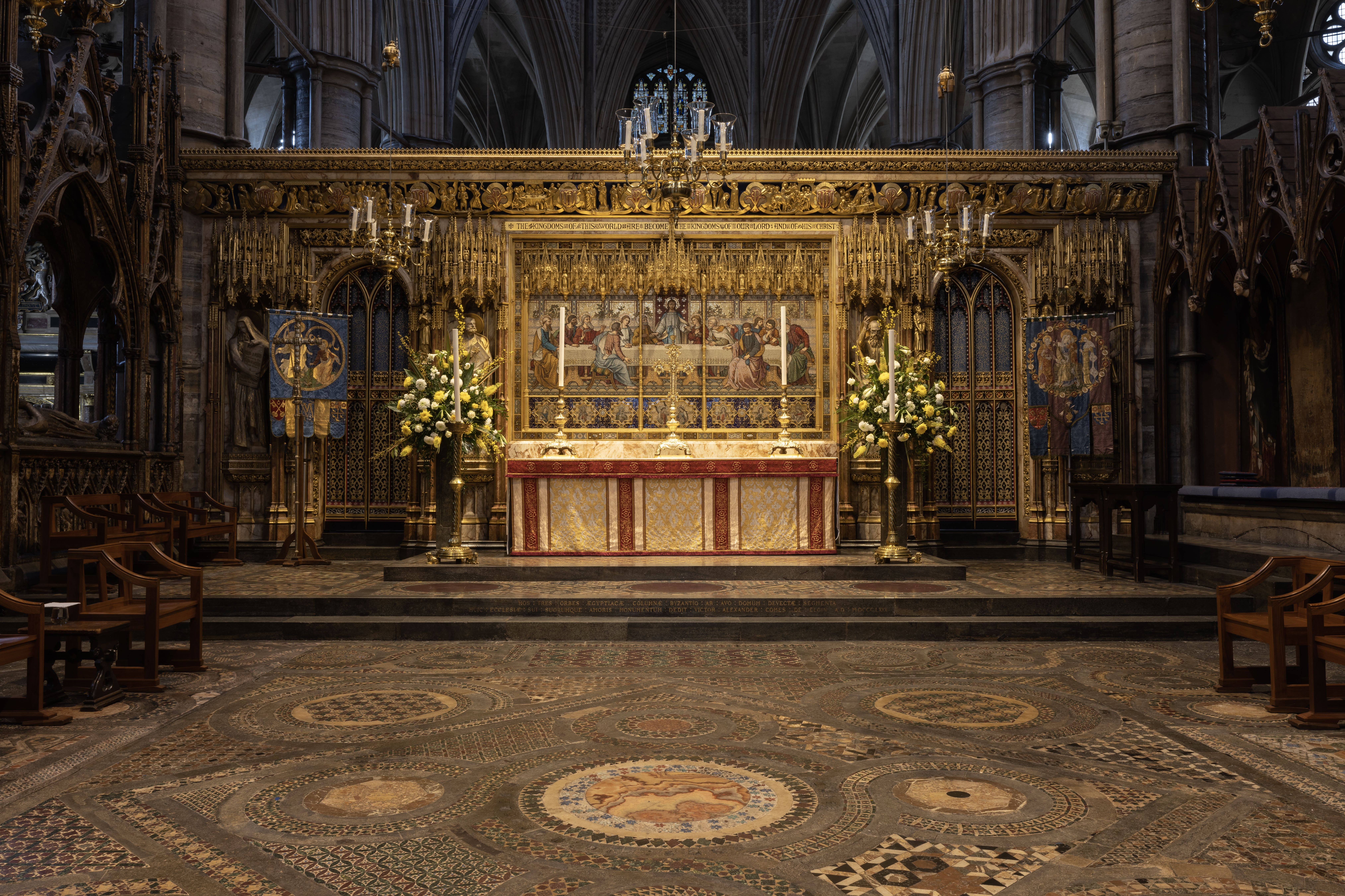 The Cosmati pavement, a mosaic containing marble, stone, glass and metal that dates to the 13th century is seen inside Westminster Abbey in London (Dan Kitwood/PA)