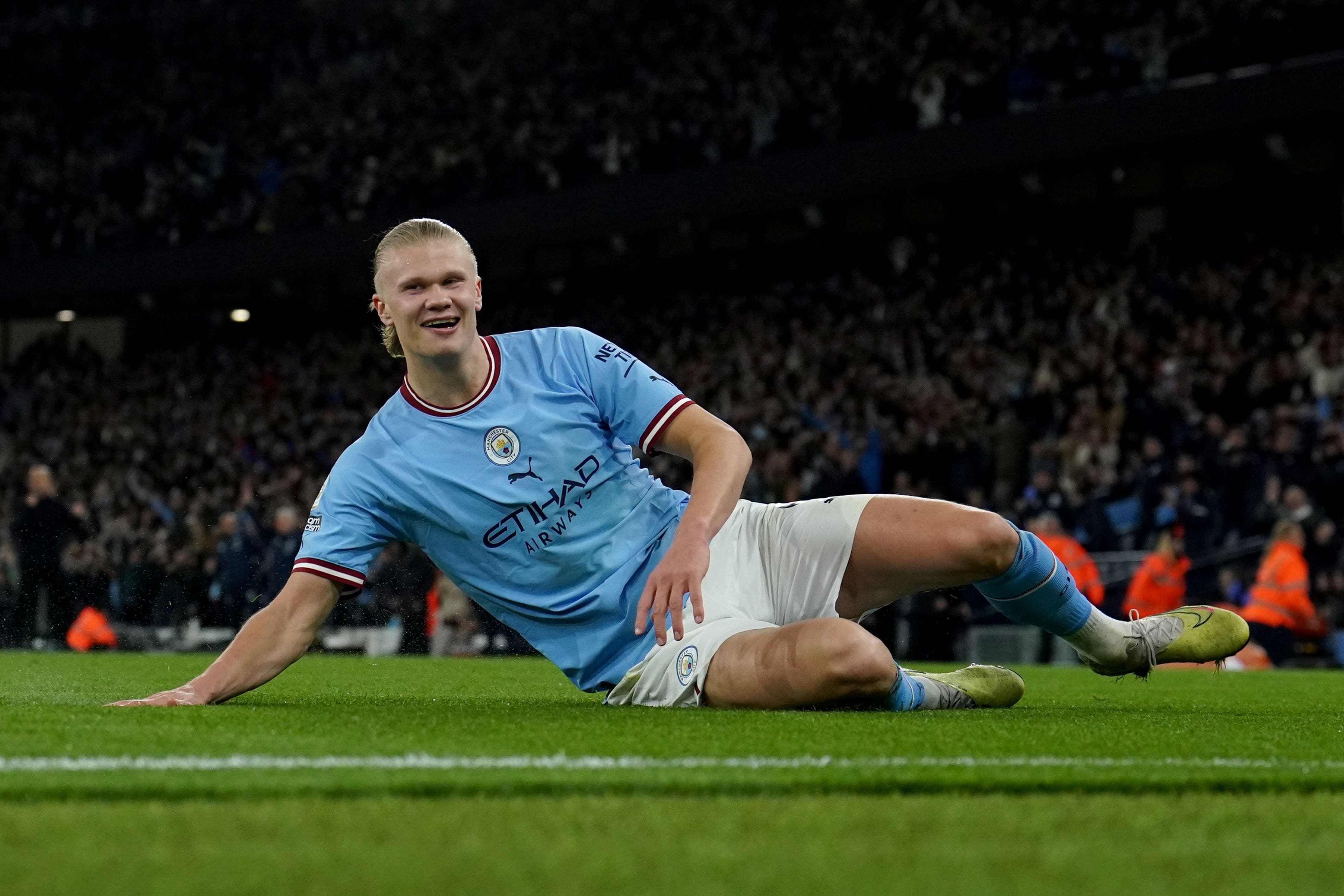 Erling Haaland celebrates scoring his record-breaking goal (Martin Rickett/PA)