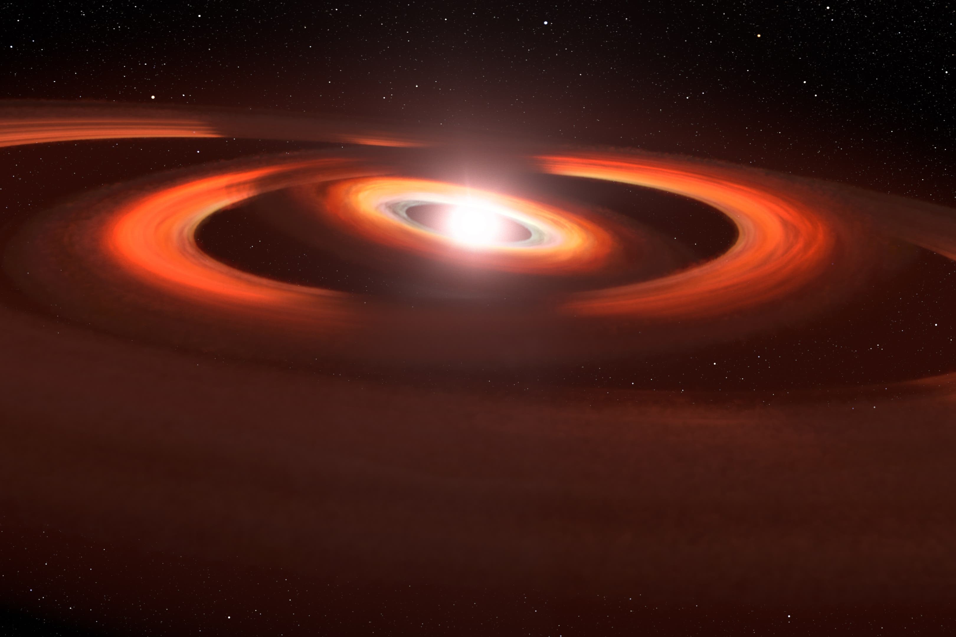 An artist’s concept of gas-and-dust disks around the young star TW Hydrae (Leah Hustak/STScI/Nasa/Aura/ESA)