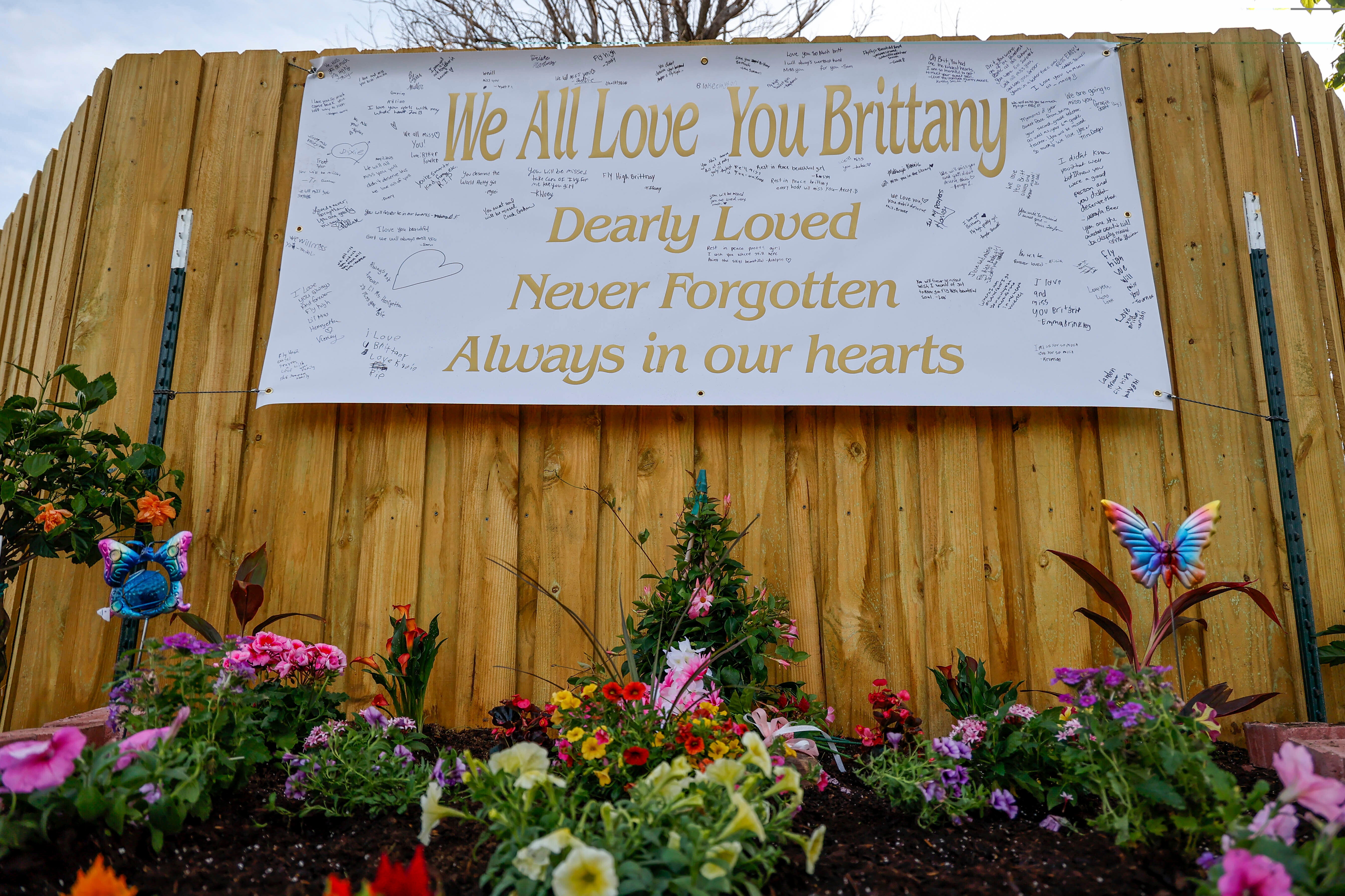 A memorial is placed at the home of Brittany Brewer in Henryetta, Okla., on Wednesday, May 3, 2023