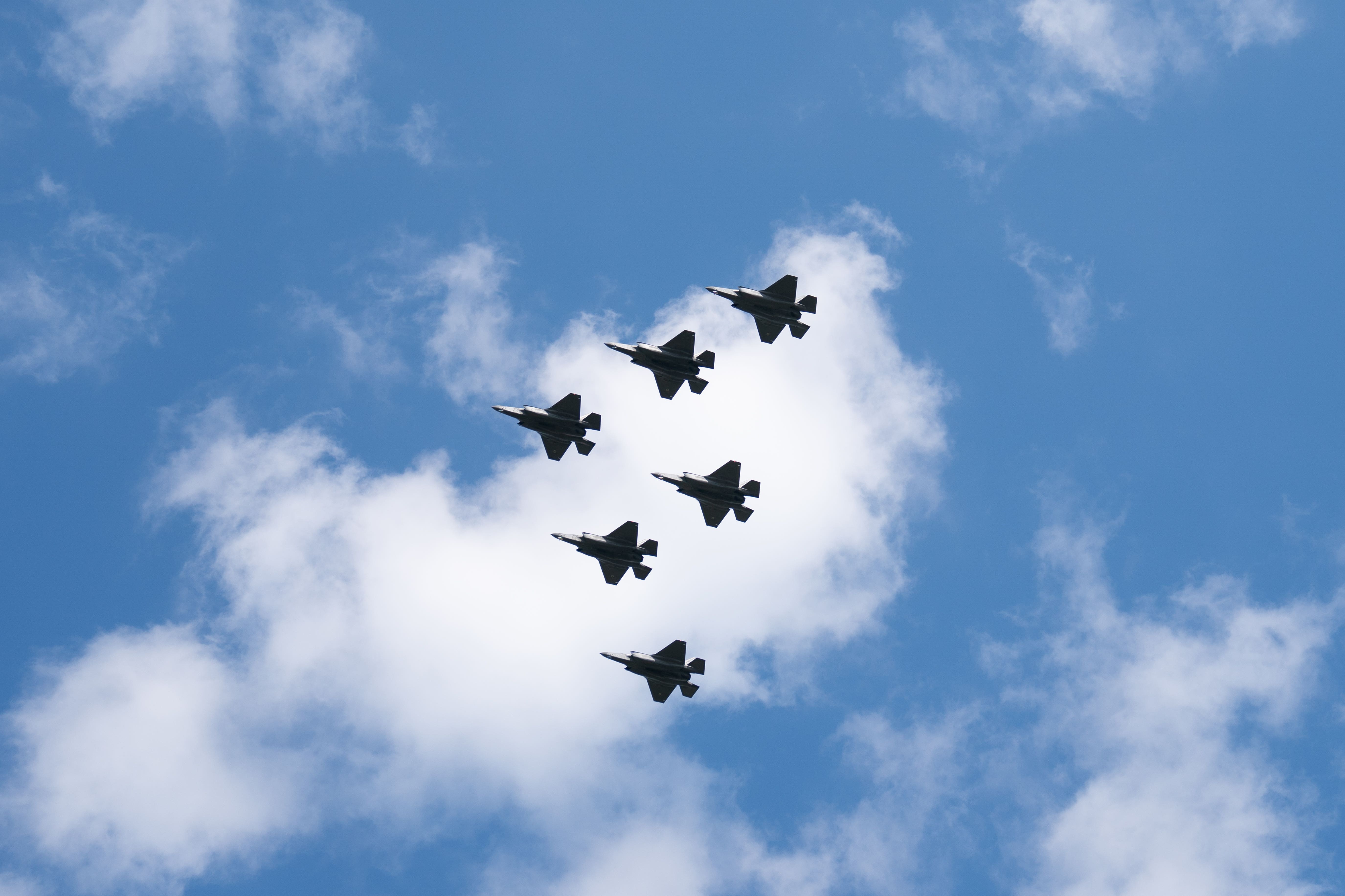 F-35B Lightning II jets during a rehearsal for the official coronation flypast, at RAF College Cranwell, Sleaford, Lincolnshire. The official flypast will be flown over Buckingham Palace following the coronation of King Charles III on May 6. Picture date: Tuesday April 25, 2023.